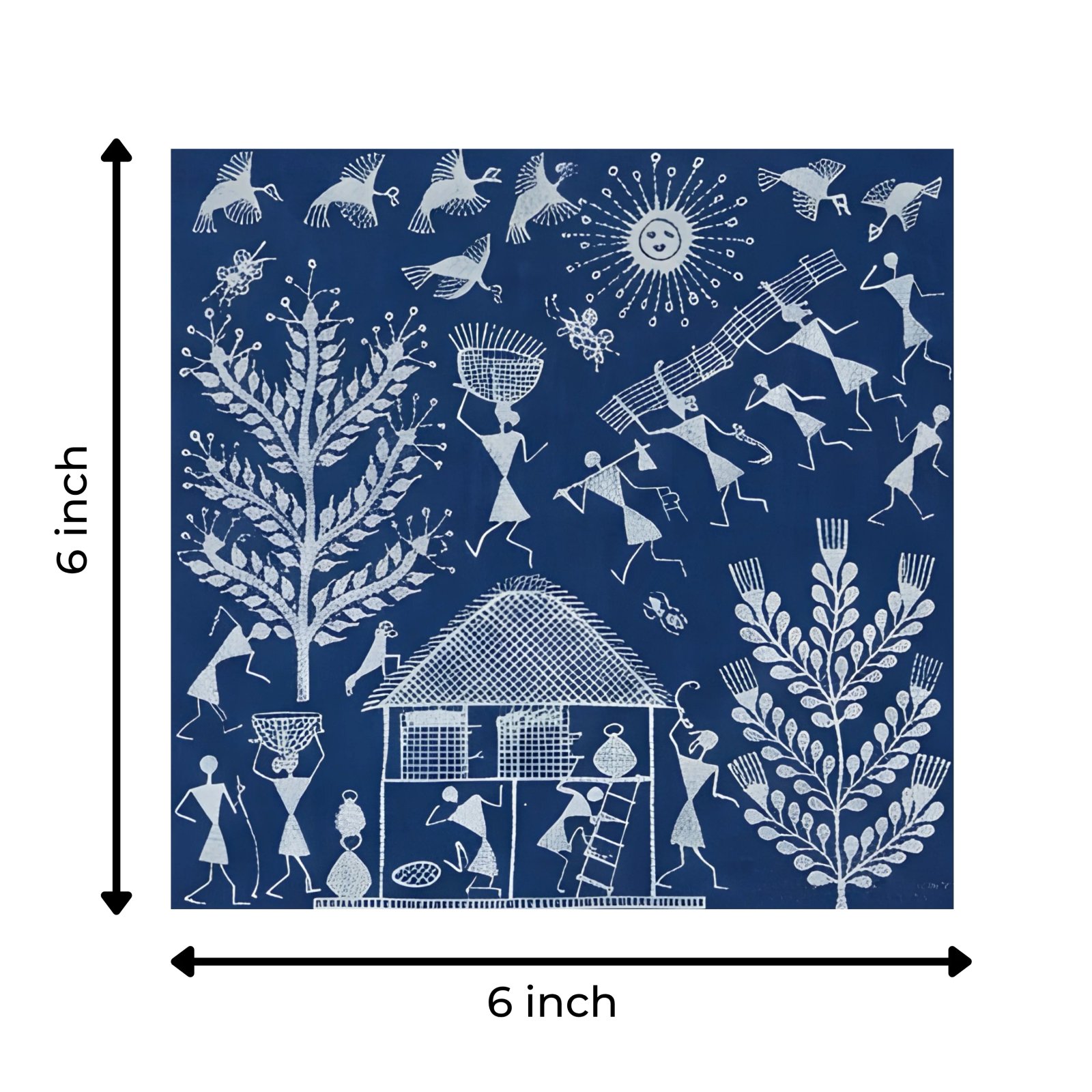 Handmade Warli Folk Art Painting – Traditional Tribal Hut, Daily Village Chores & Sun Motif Wall Decor Thumbnail 3