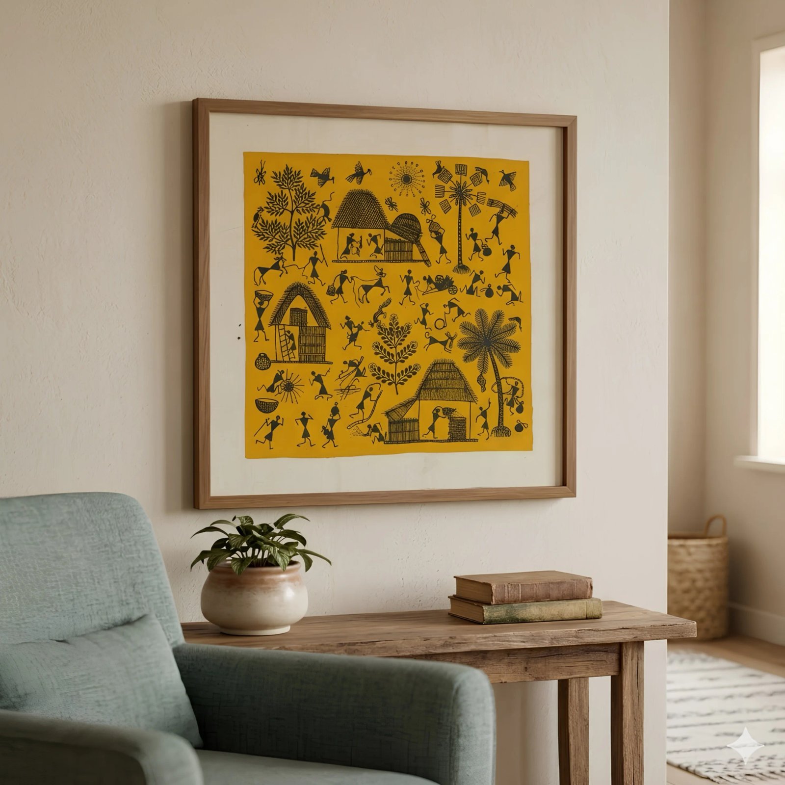 Handpainted Warli Tribal Village Life Painting on Canvas Thumbnail 2