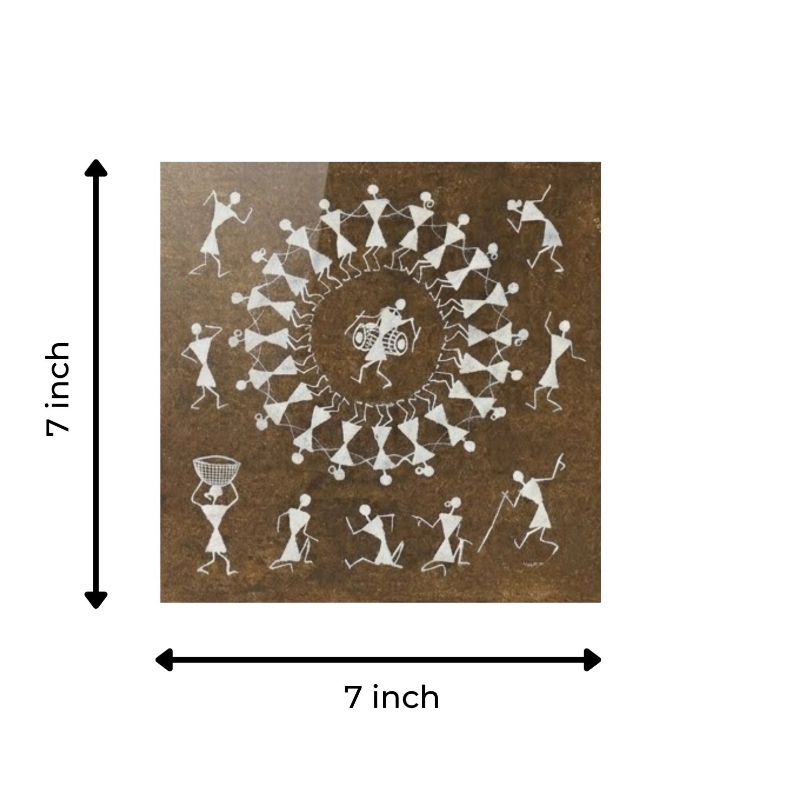 Handpainted Mud Brown Warli Painting – Traditional Tarpa Spiral Dance & Tribal Circle Celebration Thumbnail 3