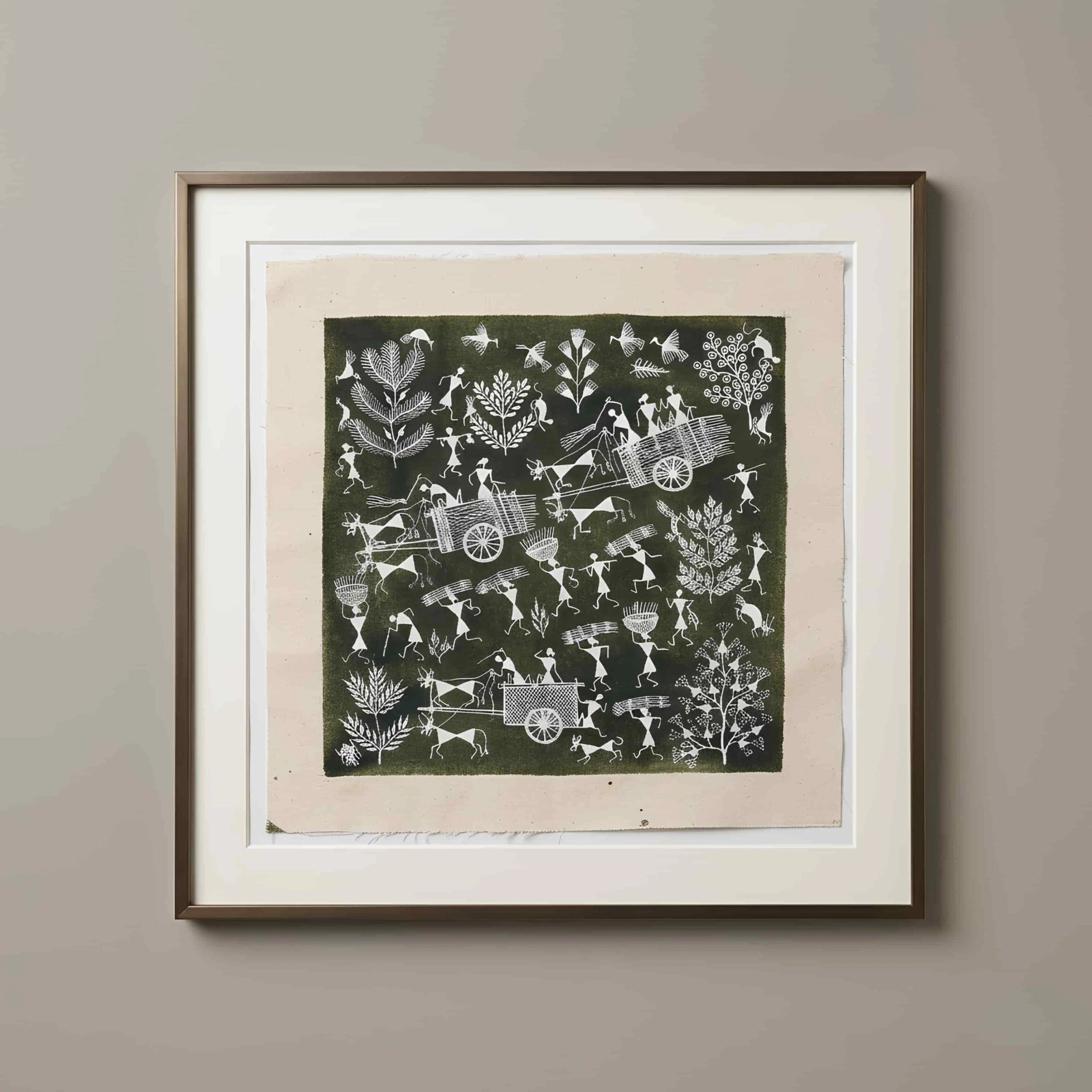 Handmade Warli Painting - Rural Village Harvest Scene Thumbnail 1