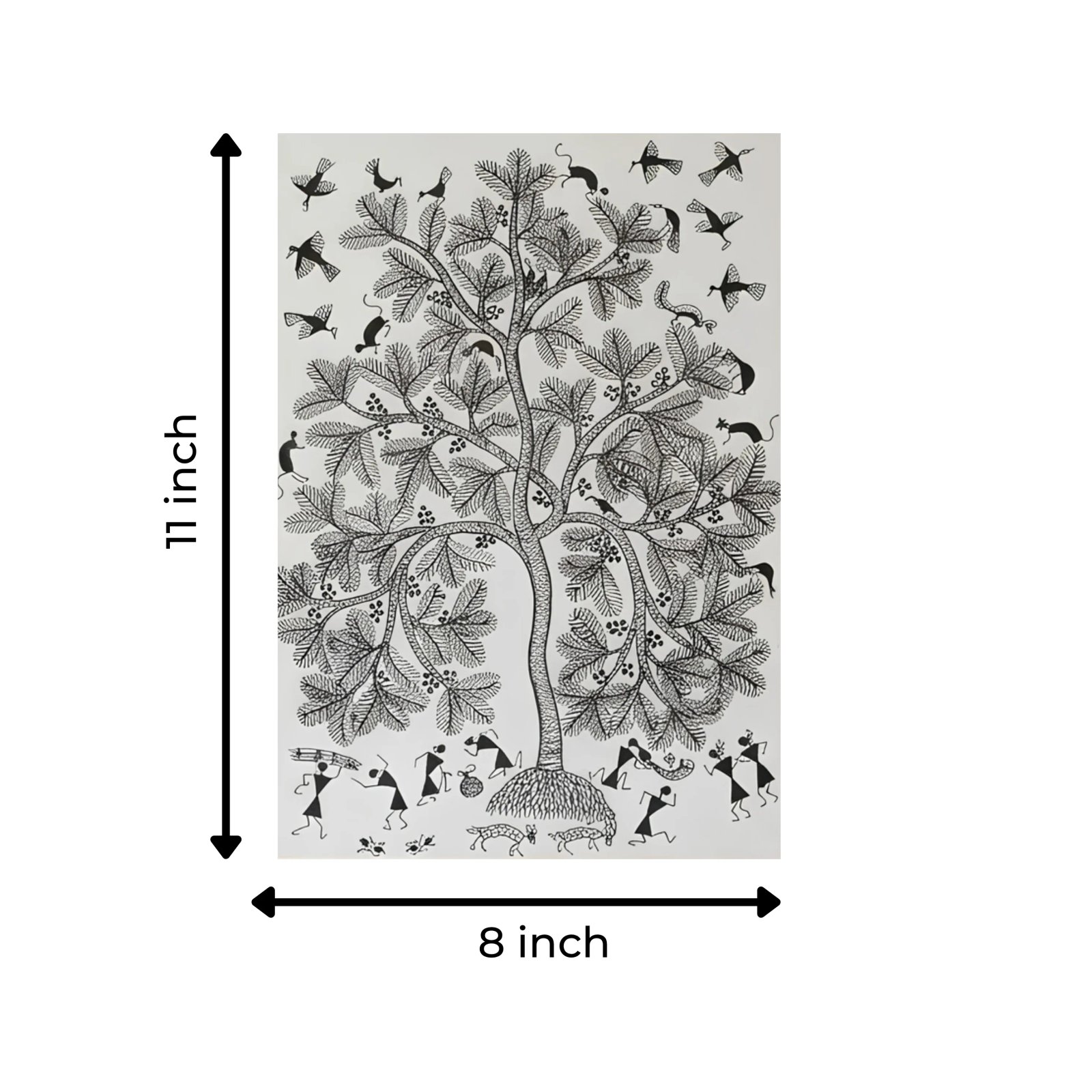 Original Monochrome Warli Painting – The Sacred Fruiting Tree Thumbnail 3