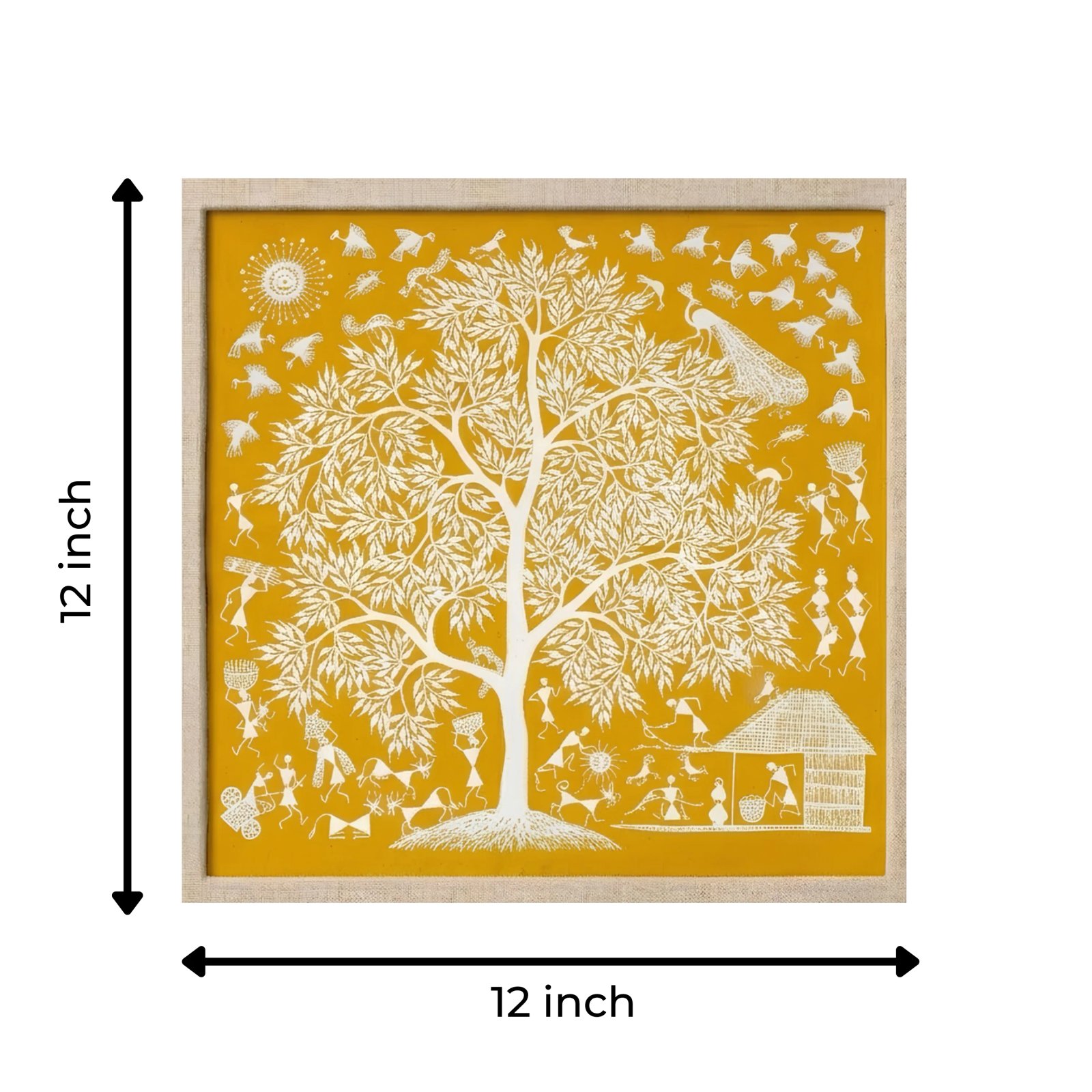 Original Warli Tree of Life Canvas Painting - Handmade Folk Thumbnail 3