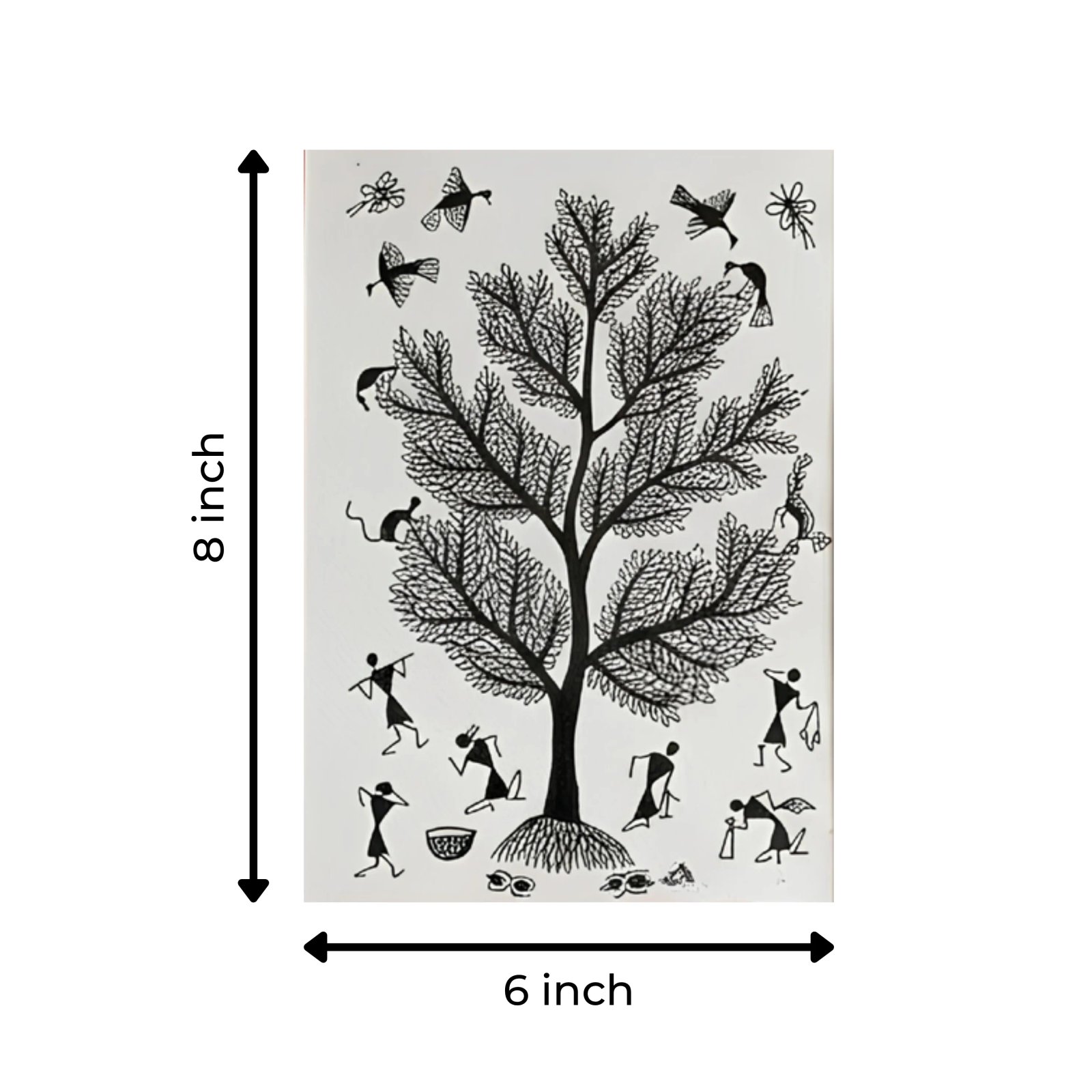 Original Warli Tribal Painting - Sacred Tree with Village Life and Animals Thumbnail 3