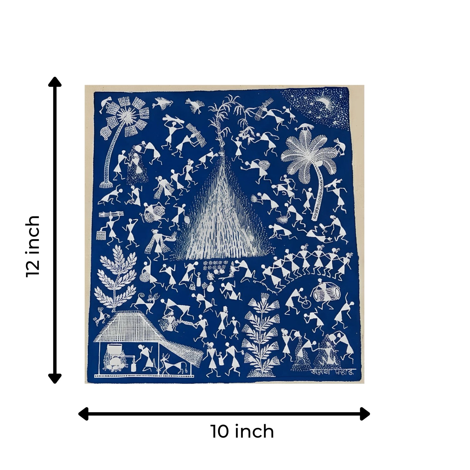 Handpainted Indigo Blue Warli Painting – Sacred Bonfire Dance Thumbnail 3