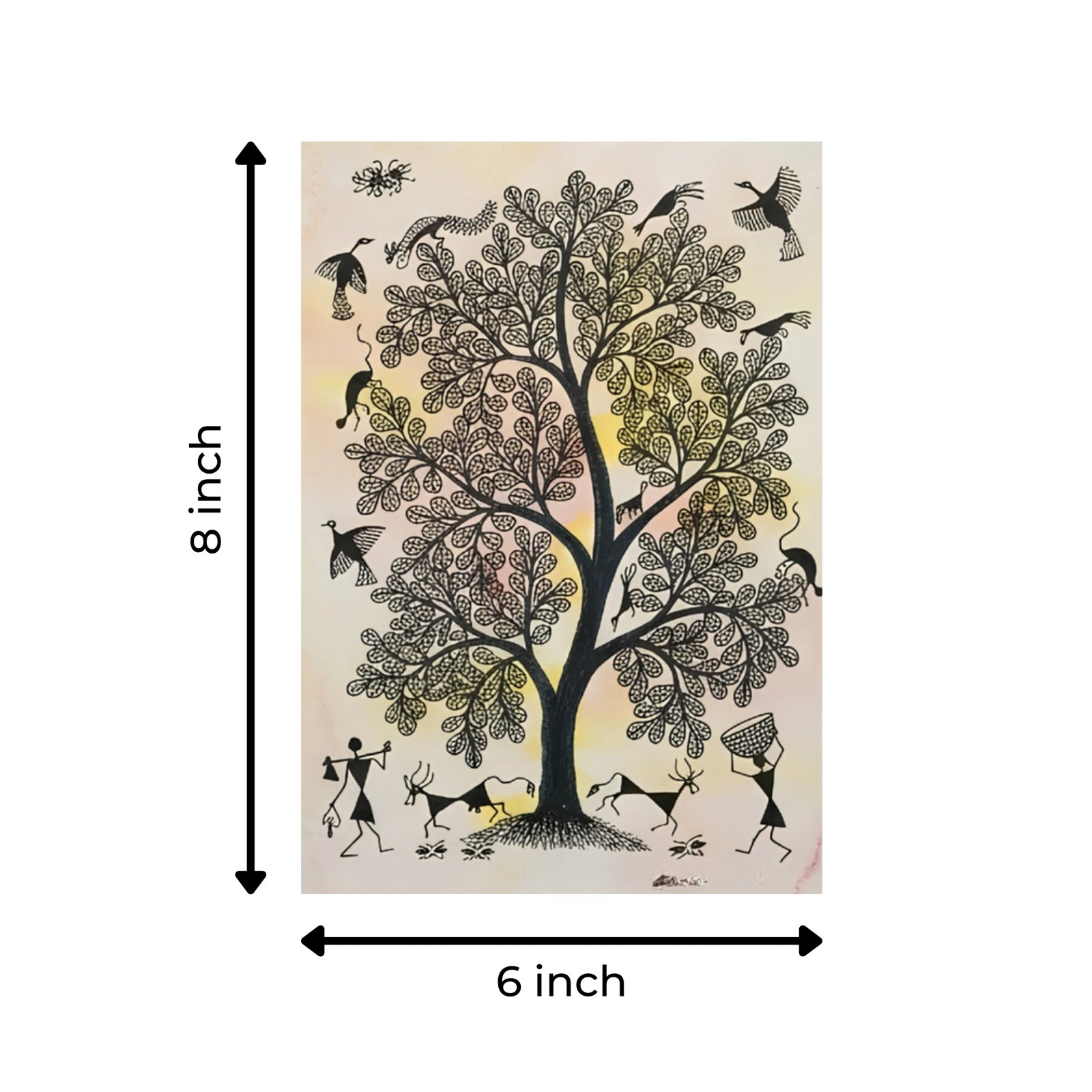 Original Warli Tribal Painting - Sacred Tree with Village Life and Animals Thumbnail 3