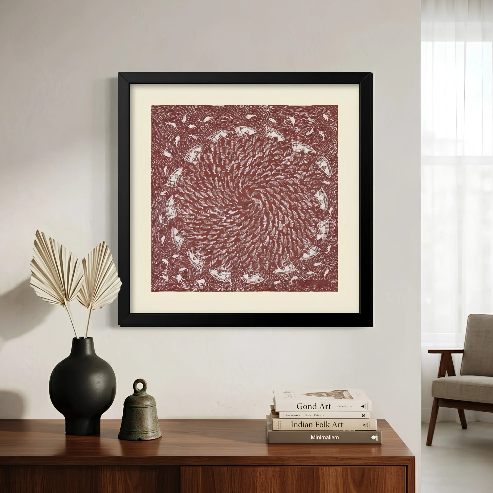 Authentic Warli Marine Life Painting on Canvas - Handmade Fishing Scene Thumbnail 2