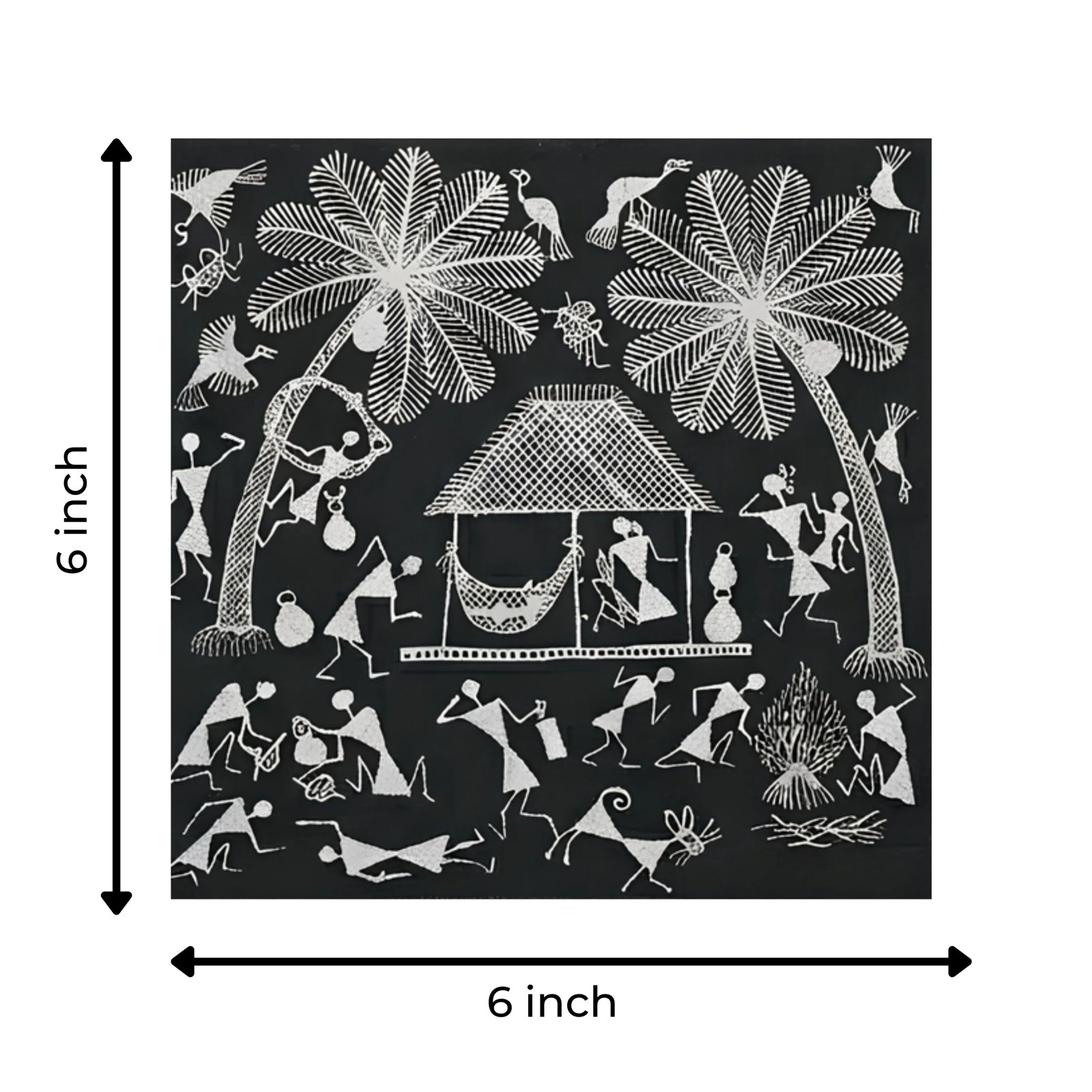 Original Handmade Warli Folk Art Painting – Traditional Tribal Hut with Cradle, Palm Trees & Bonfire Scene Thumbnail 3