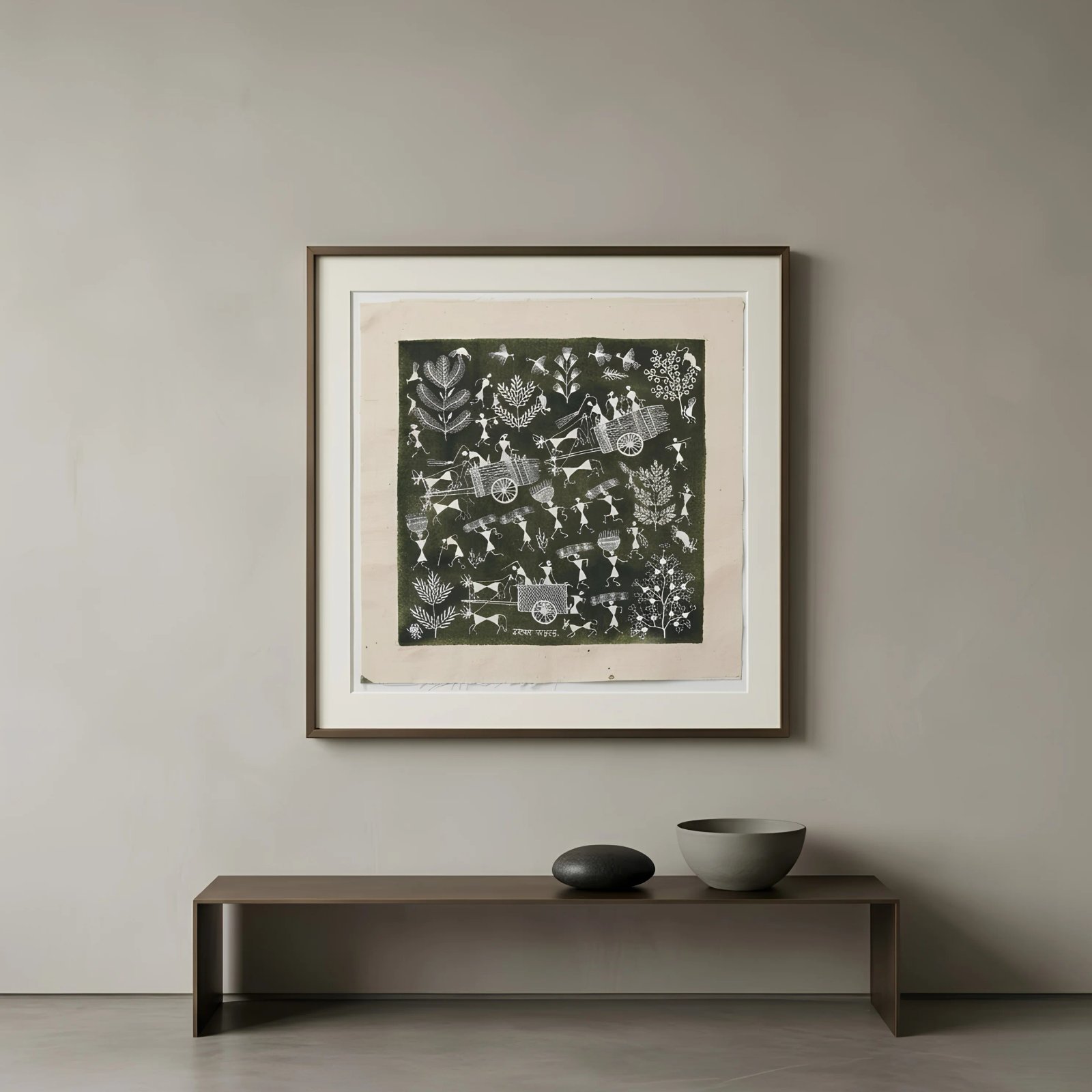 Handmade Warli Painting - Rural Village Harvest Scene Thumbnail 2
