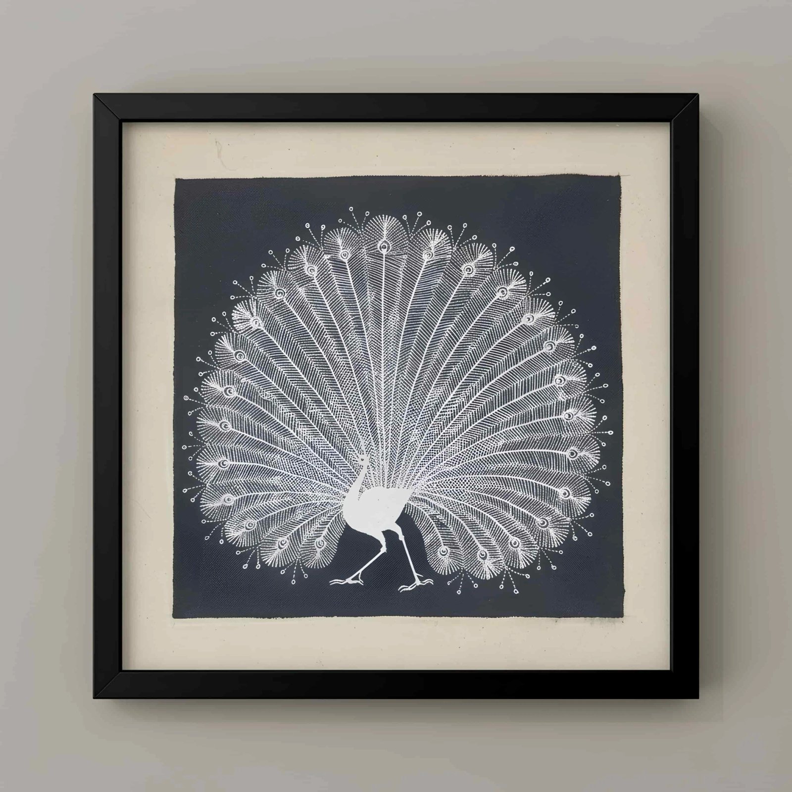 Handmade Warli Painting - Majestic Dancing Peacock Thumbnail 1