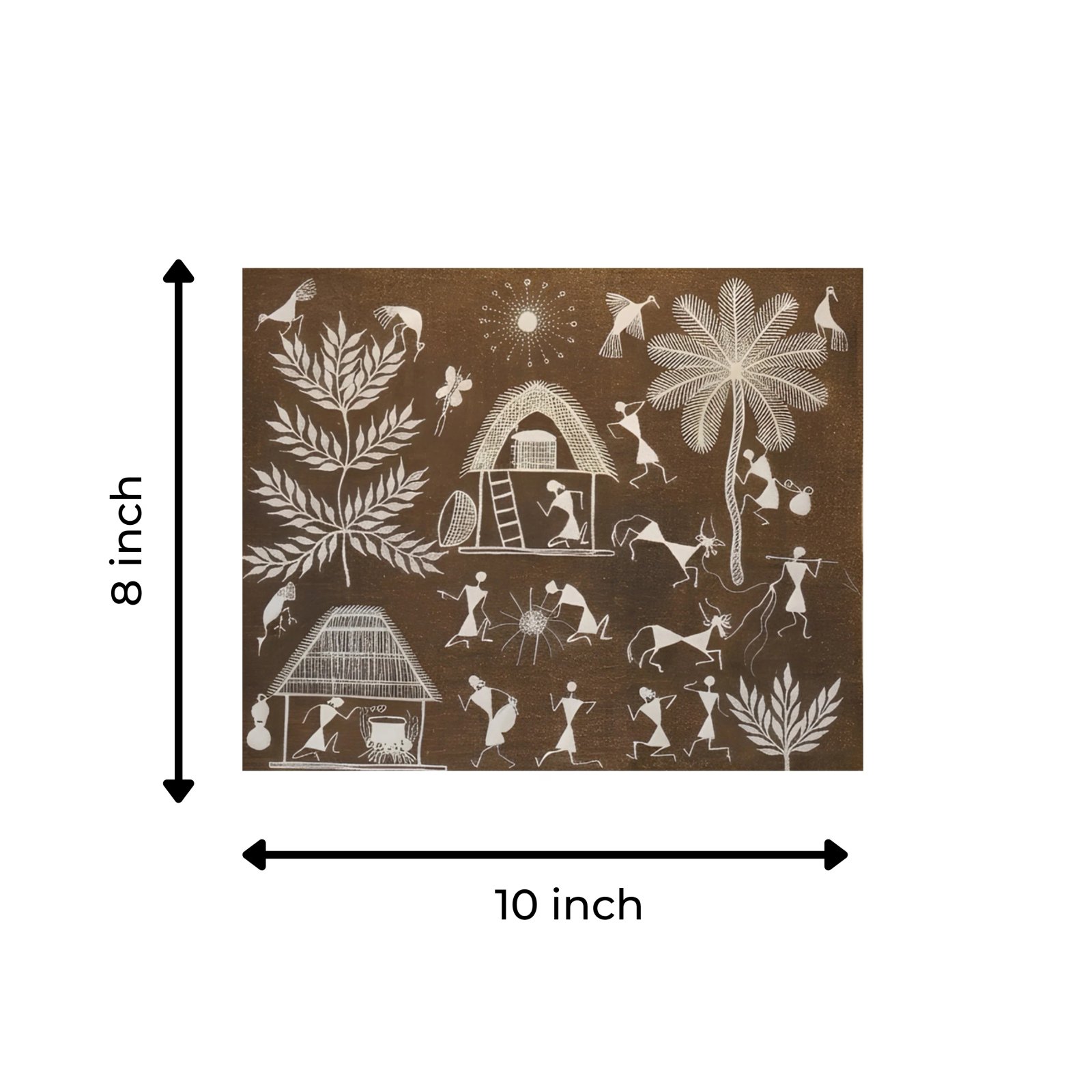 Original Handmade Warli Folk Art Painting – Dual Tribal Huts, Village Kitchen Cooking Scene & Harvest Celebration Thumbnail 3