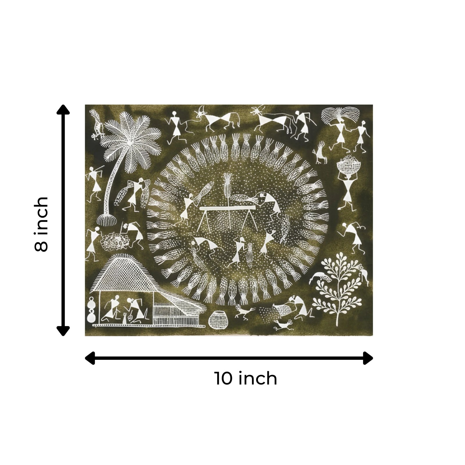 Original Handmade Warli Folk Art Painting – Indigo Blue Sacred Tree of Life & Musicians Scene Thumbnail 3
