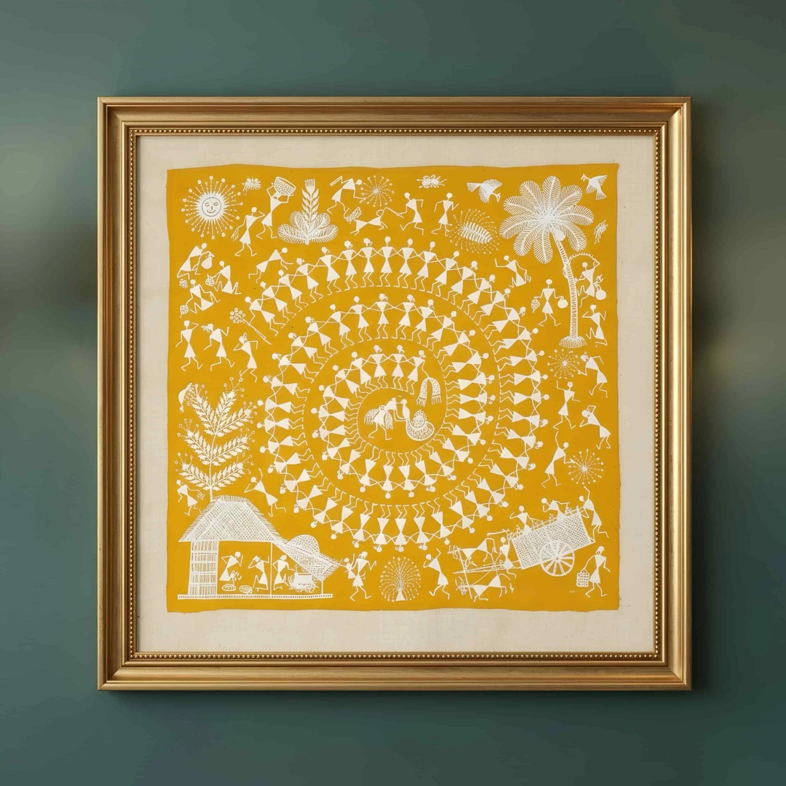Handmade Warli Painting on Canvas - Traditional Indian Tribal Thumbnail 1