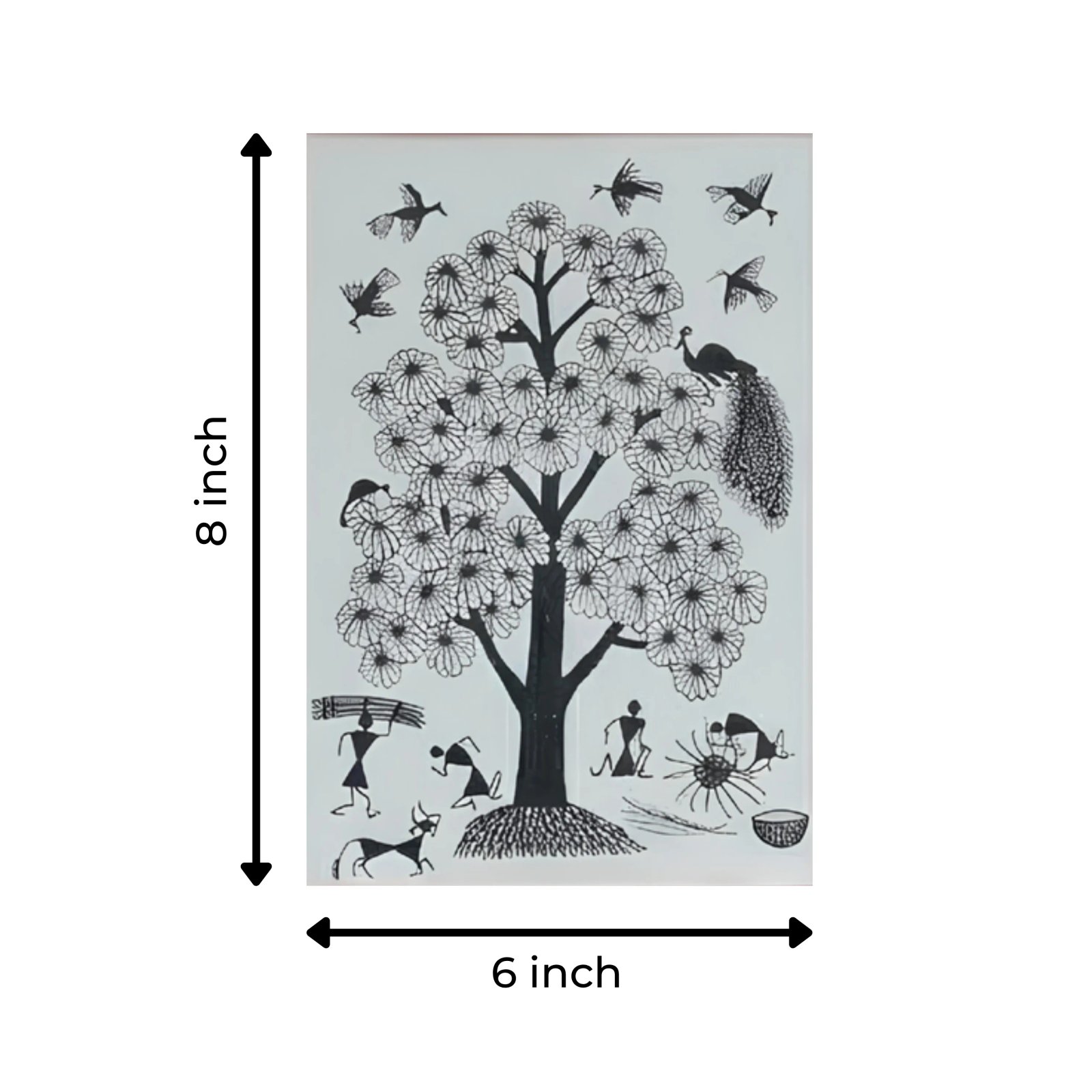 Handmade Warli Art Painting - Tree of Life with Tribal Village Life Thumbnail 3