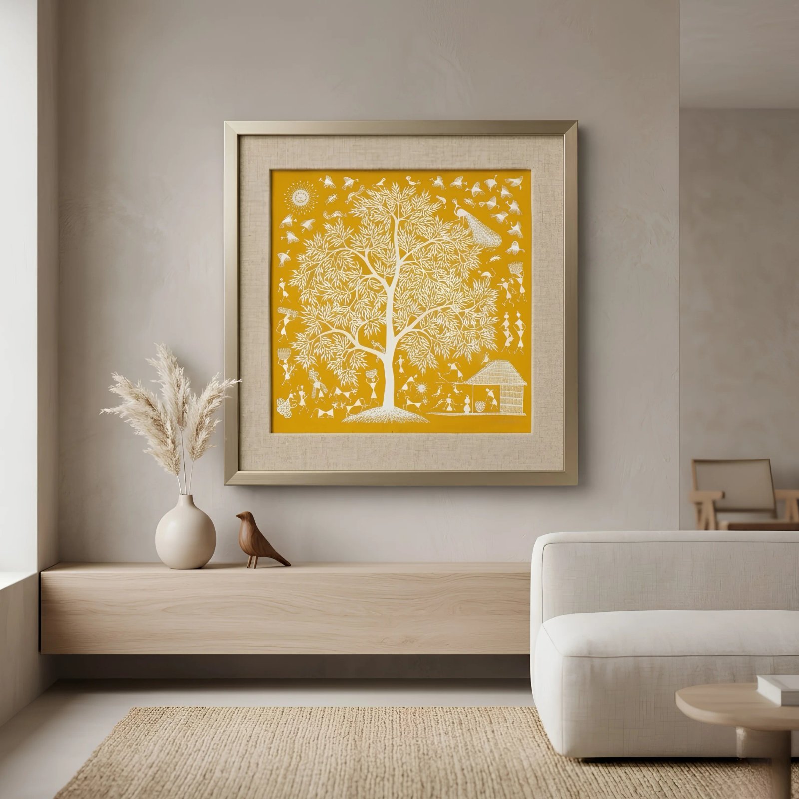 Original Warli Tree of Life Canvas Painting - Handmade Folk Thumbnail 2