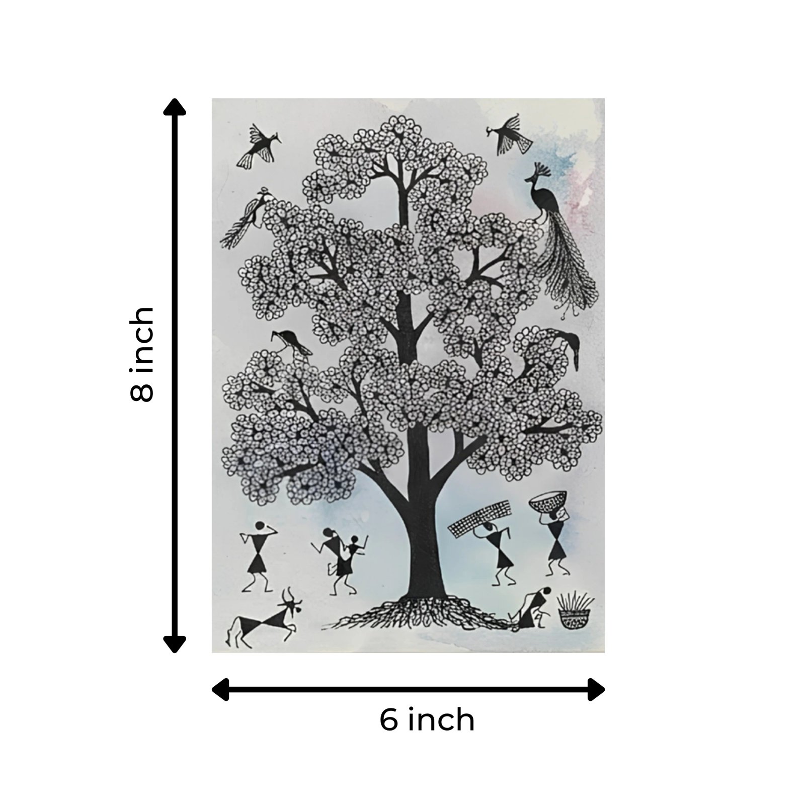 Hand-Painted Warli Tribal Art – Tree of Life & Traditional Village Hut Painting Thumbnail 3