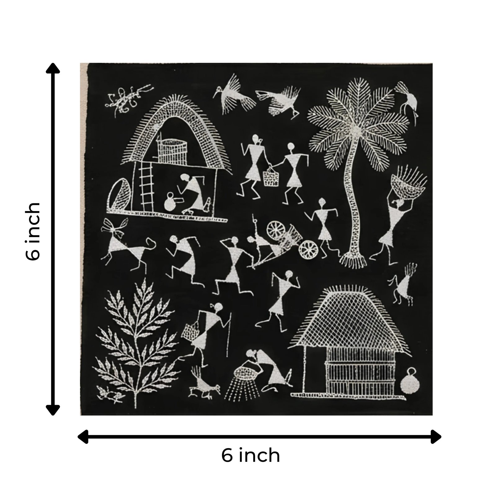 Original Handmade Warli Folk Art Painting – Dual Tribal Huts, Grain Harvest Processing & Village Life Scene Thumbnail 3