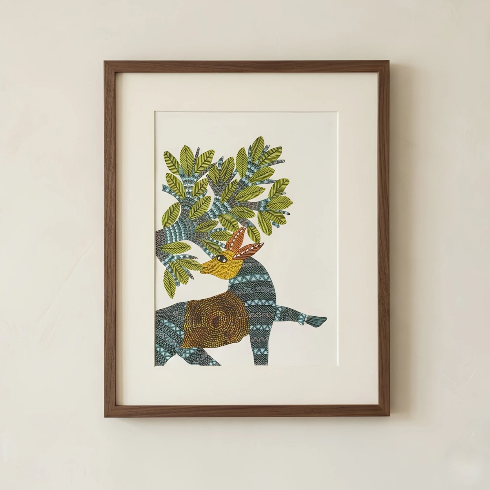 Original Gond Tribal Painting – The Majestic Blue Deer & Sacred Tree Thumbnail 1