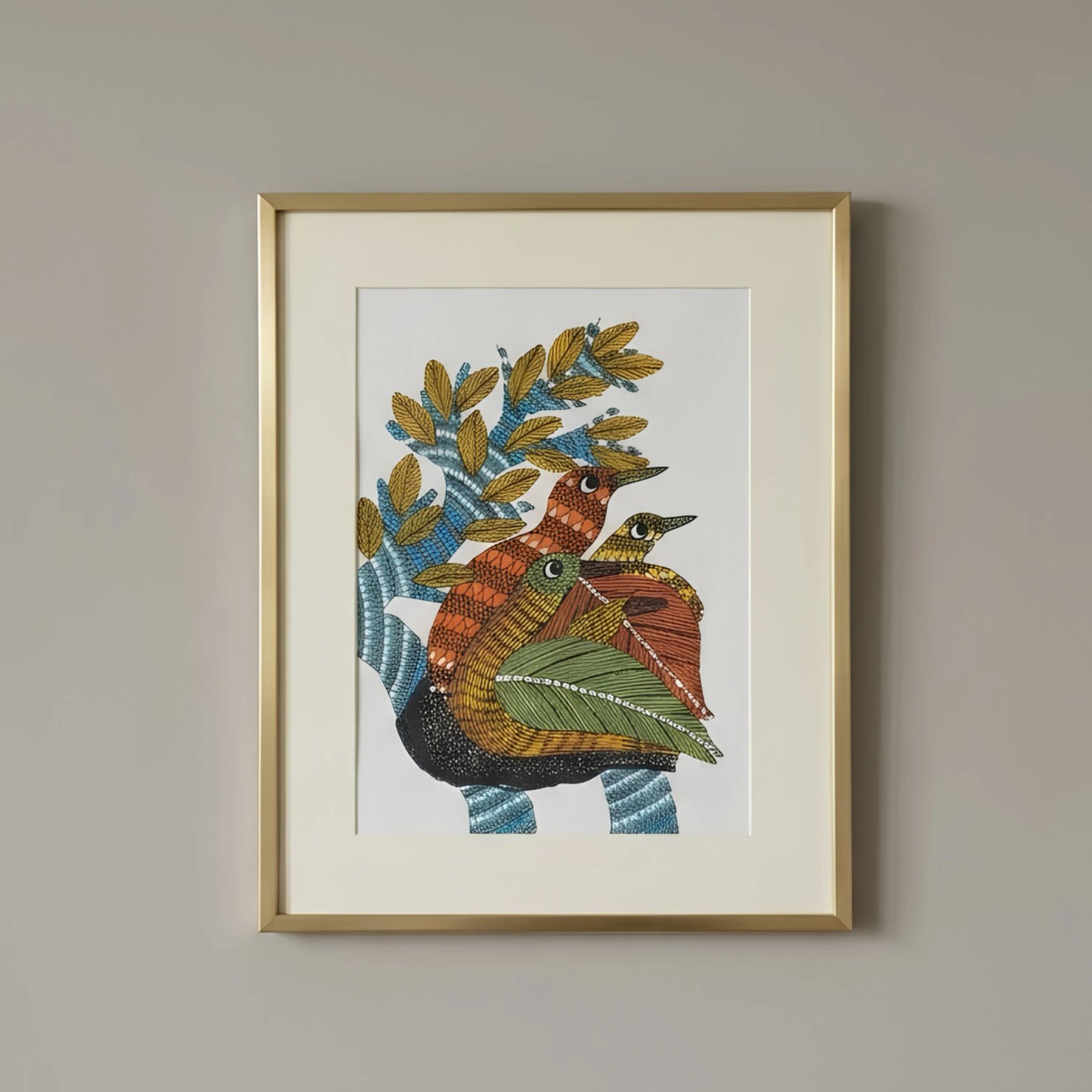 Original Gond Tribal Painting – The Nesting Birds on Sacred Tree Thumbnail 1
