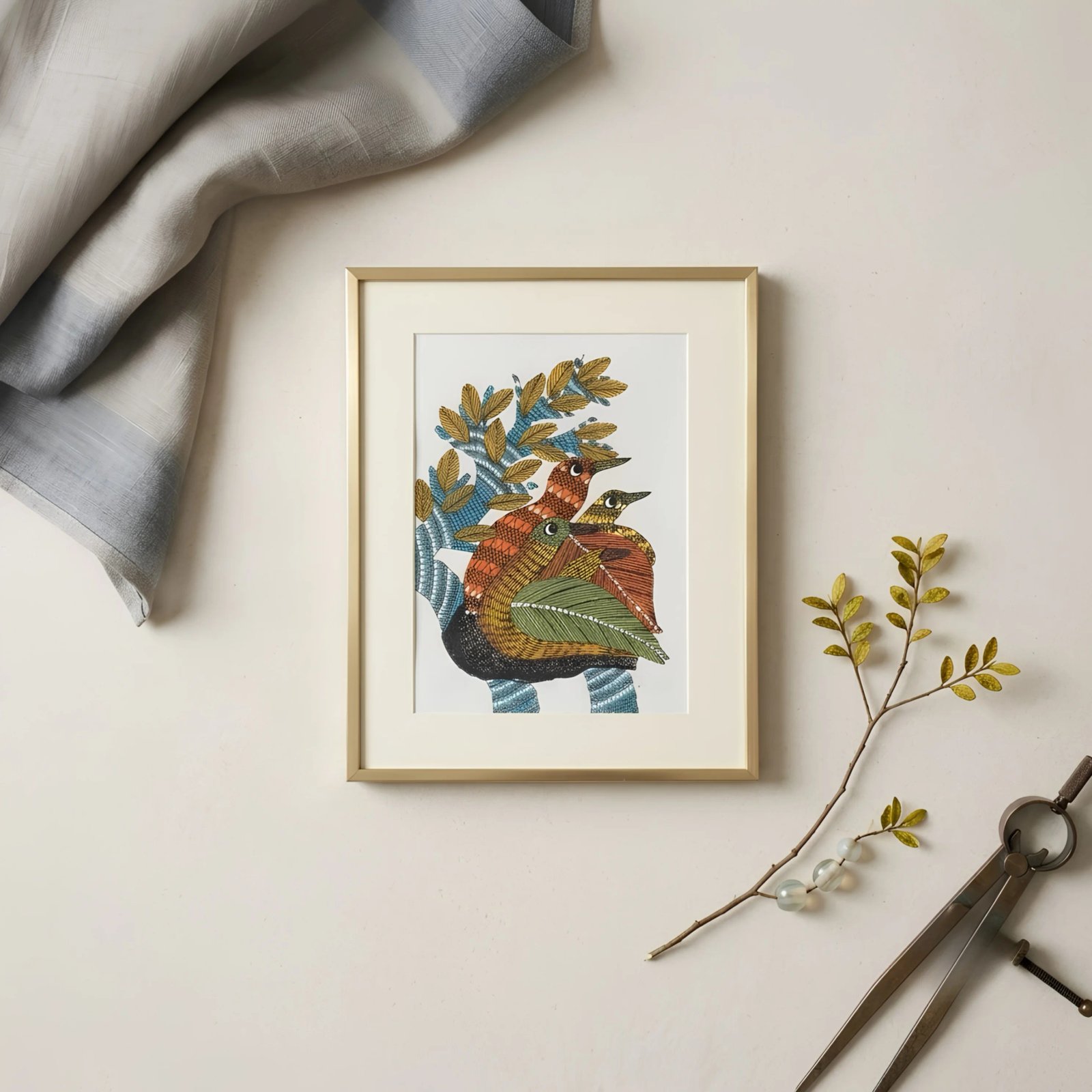 Original Gond Tribal Painting – The Nesting Birds on Sacred Tree alternate view