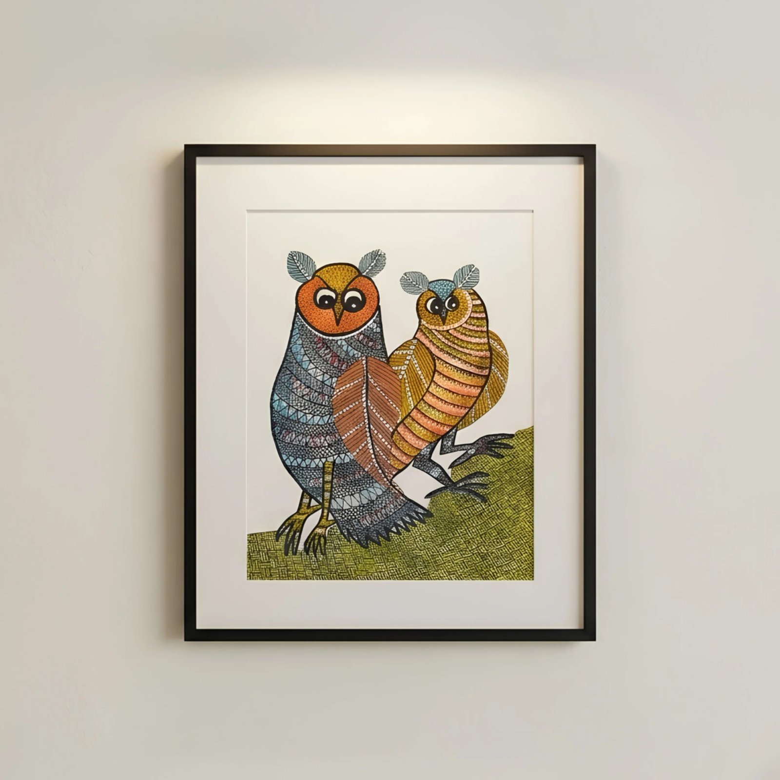 Handpainted Gond Art Owls Painting – Traditional Indian Tribal Folk