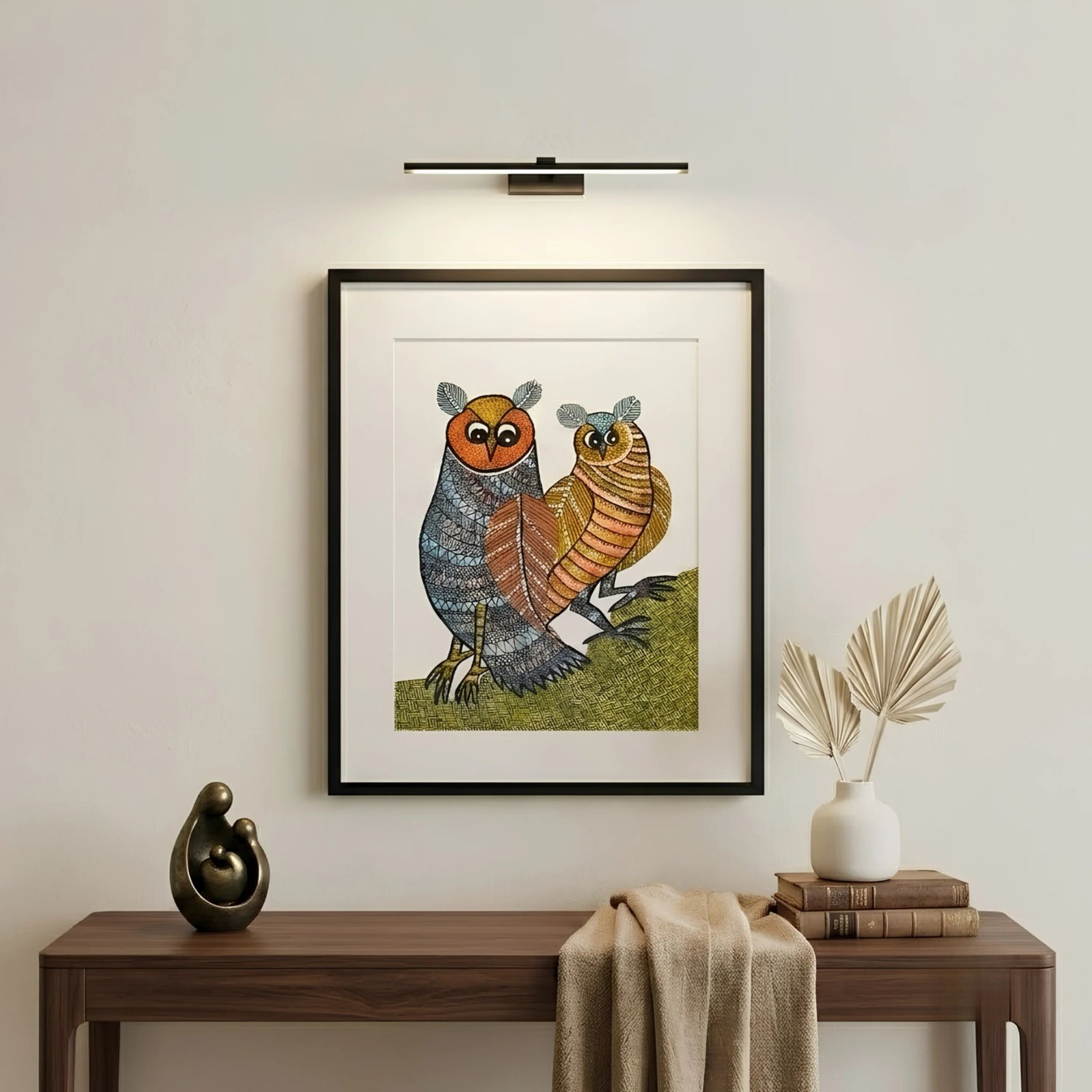 Handpainted Gond Art Owls Painting – Traditional Indian Tribal Folk Thumbnail 2