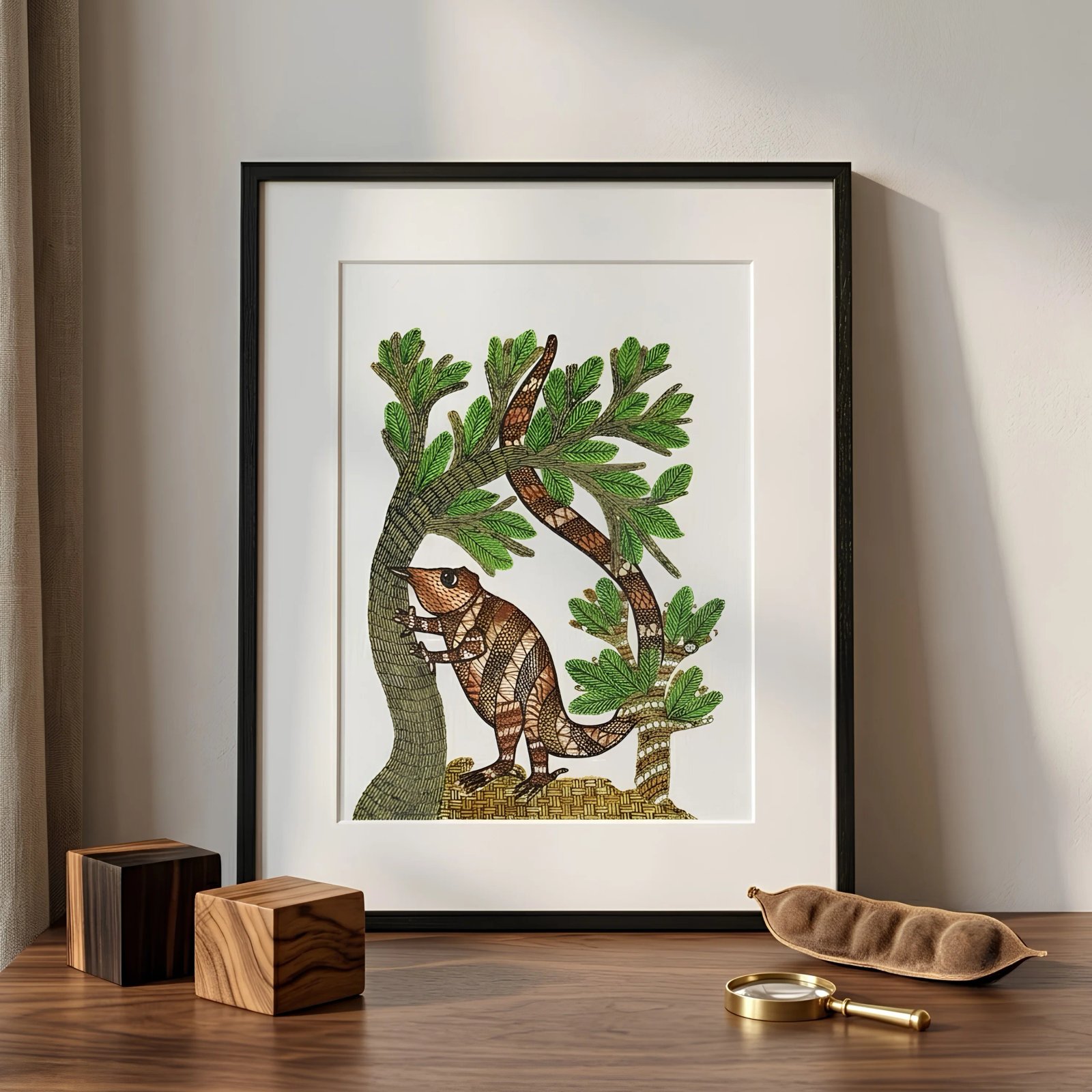 Handpainted Gond Art Forest Wildlife Painting – Authentic Indian Tribal Folk Thumbnail 2