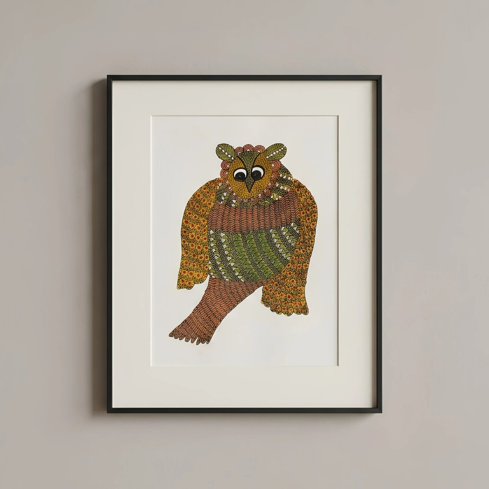 Handpainted Gond Art Mystic Owl Painting – Authentic Indian Tribal Folk