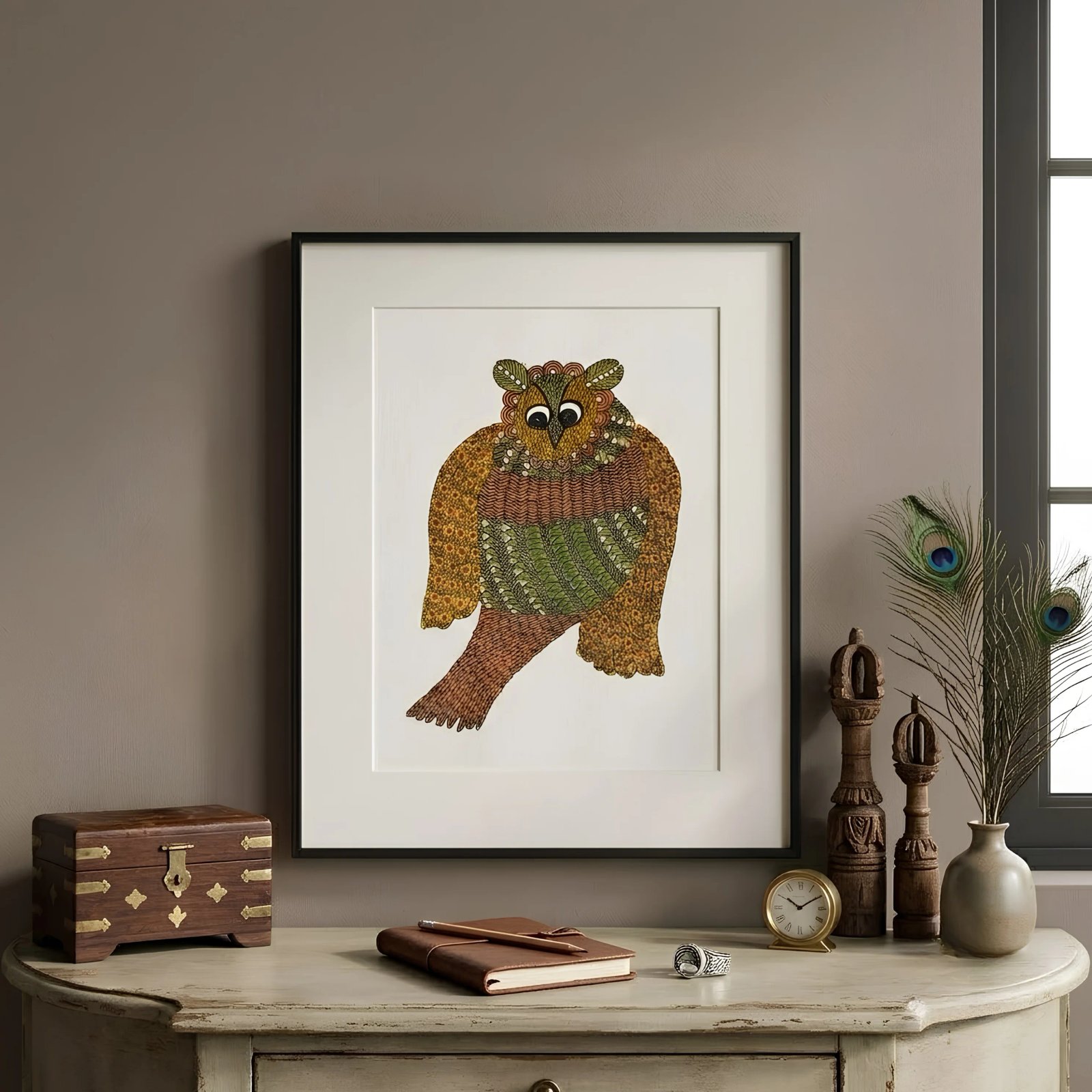 Handpainted Gond Art Mystic Owl Painting – Authentic Indian Tribal Folk alternate view