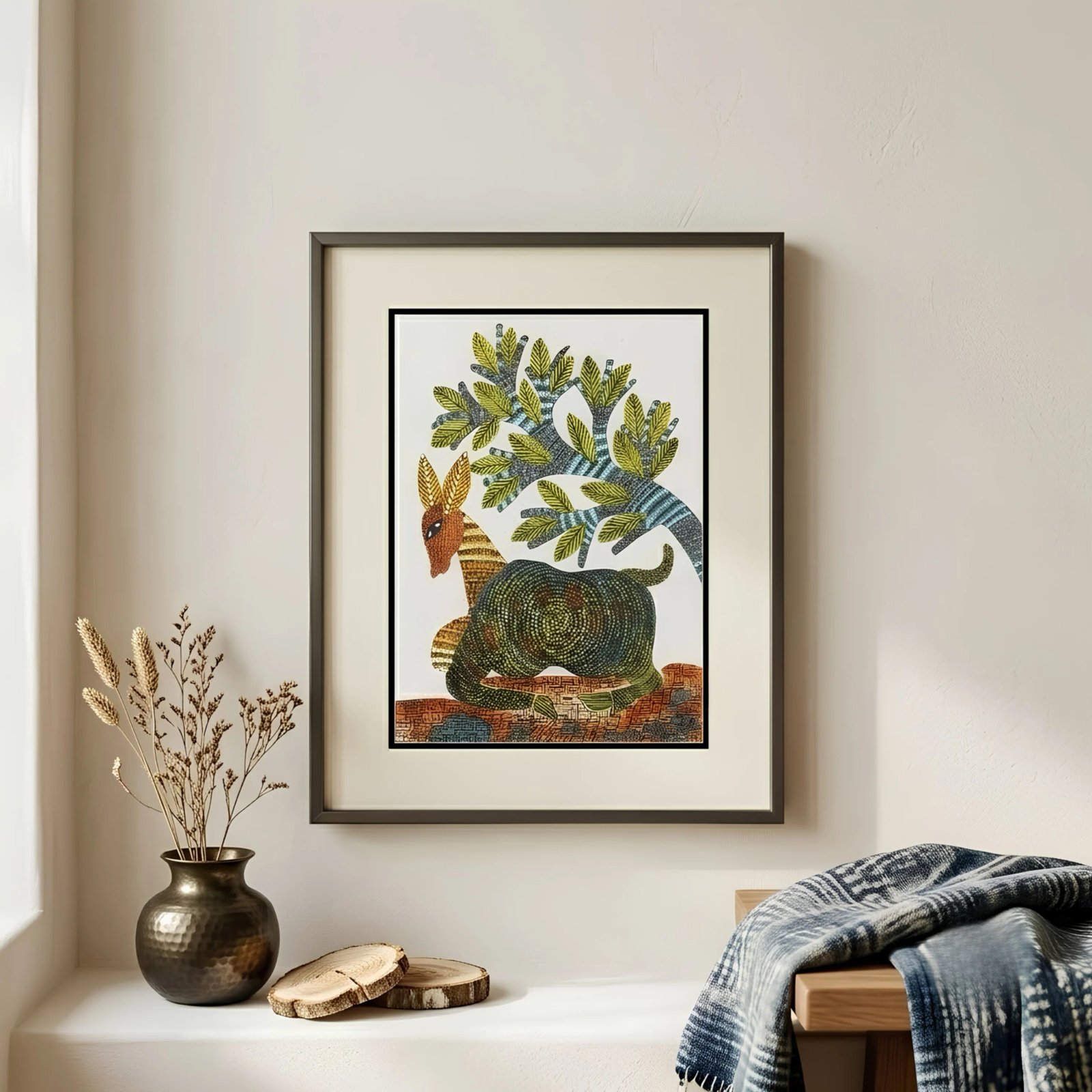 Handpainted Gond Art Resting Deer under Tree Painting Thumbnail 2
