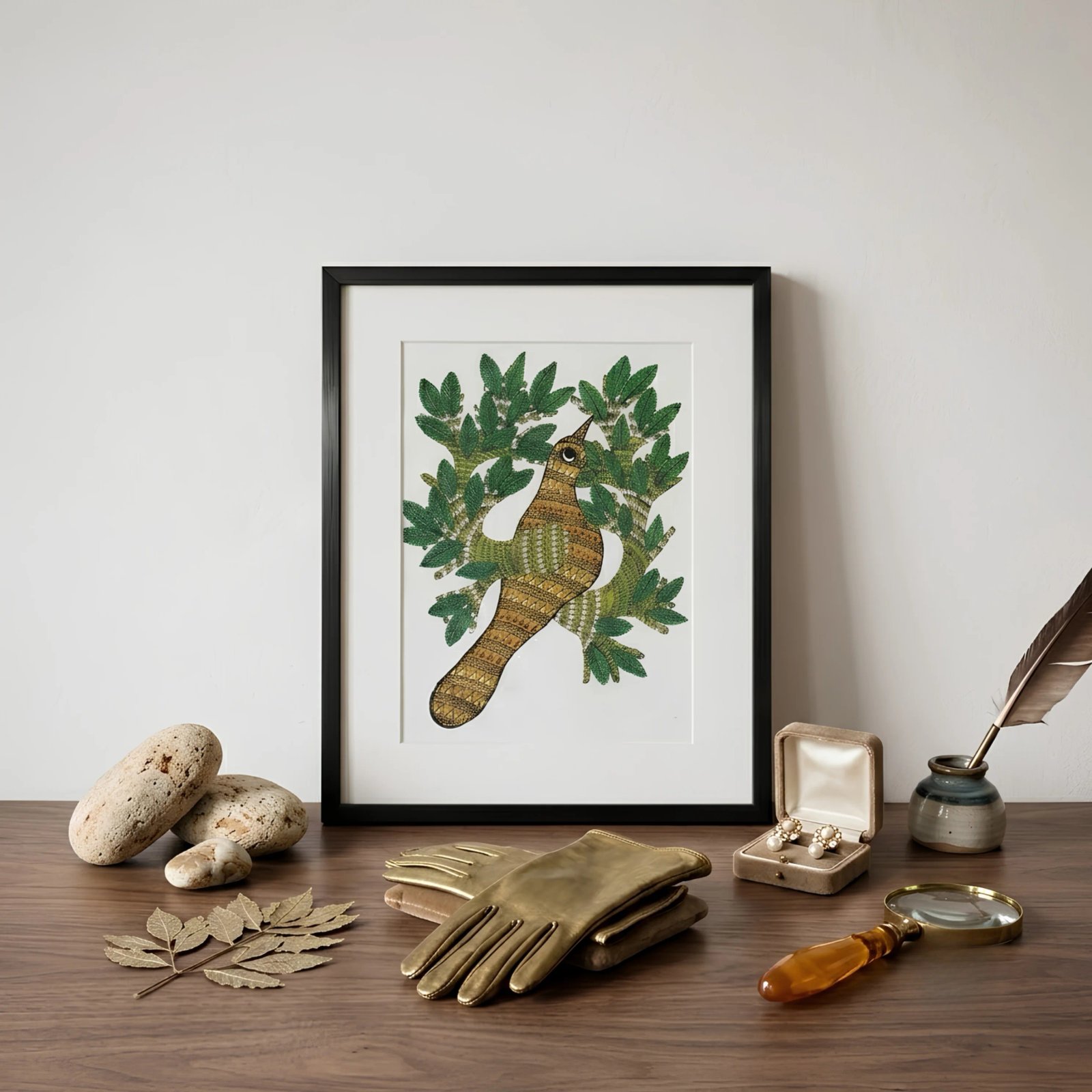 Handpainted Gond Art Bird in Tree Painting alternate view