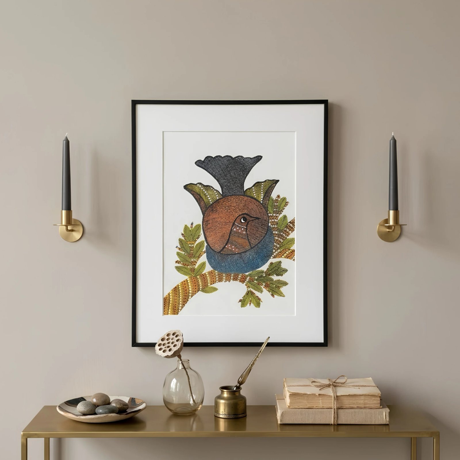 Handpainted Gond Art Nesting Bird on Branch Painting Thumbnail 2