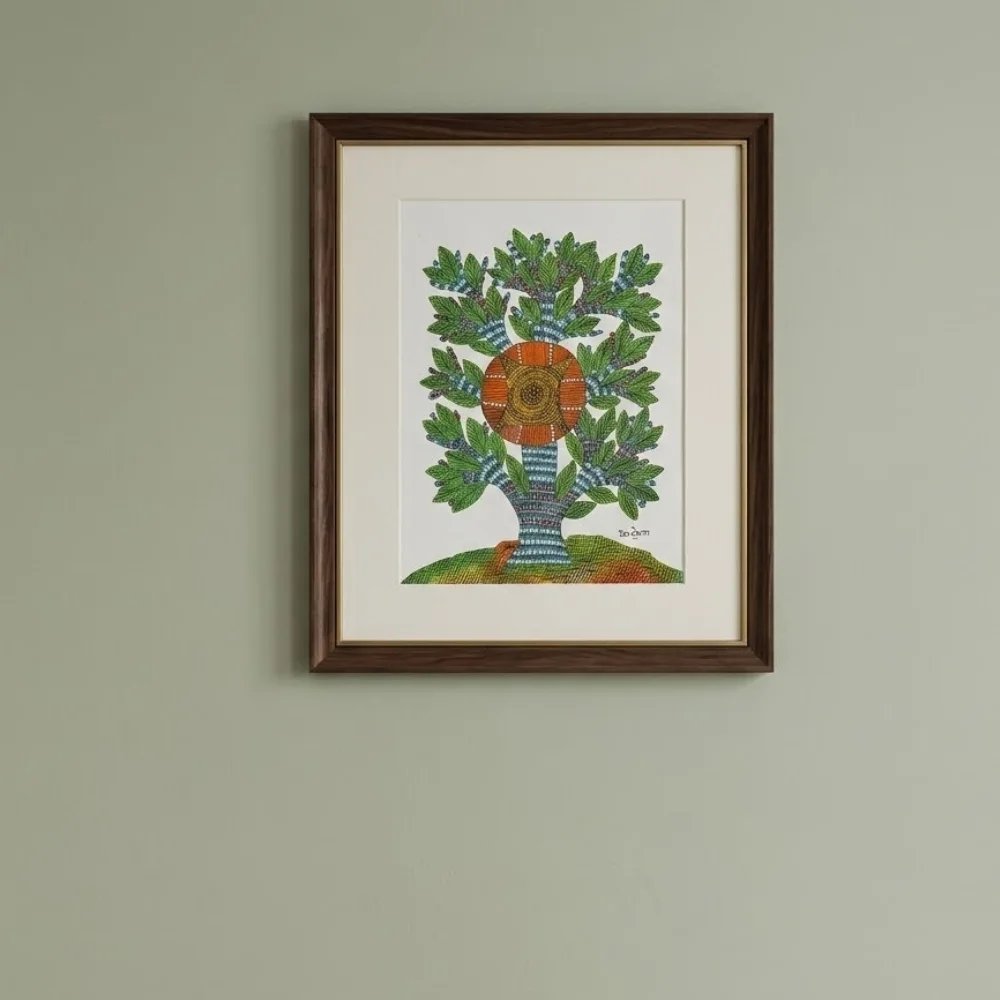 Handpainted Gond Art Sacred Sun Tree of Life Painting Thumbnail 1