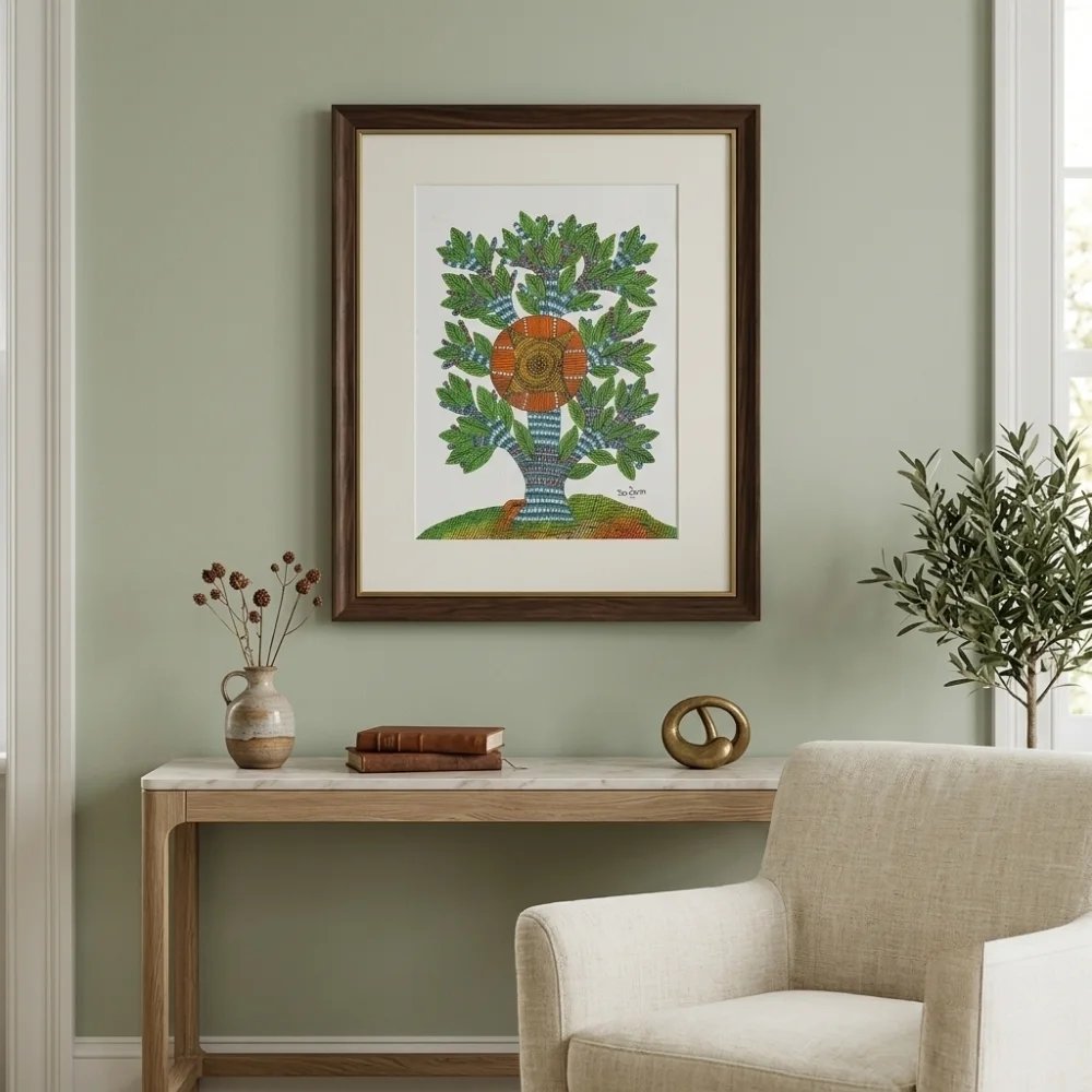 Handpainted Gond Art Sacred Sun Tree of Life Painting Thumbnail 2