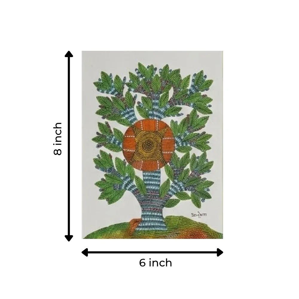 Handpainted Gond Art Sacred Sun Tree of Life Painting Thumbnail 3