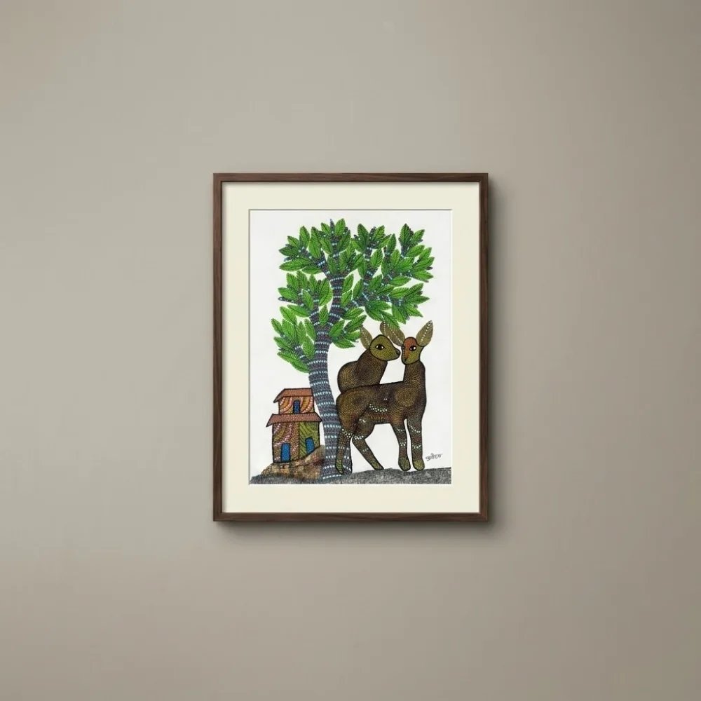 Handpainted Gond Art Tribal Village Life & Deer Pair Painting Thumbnail 1