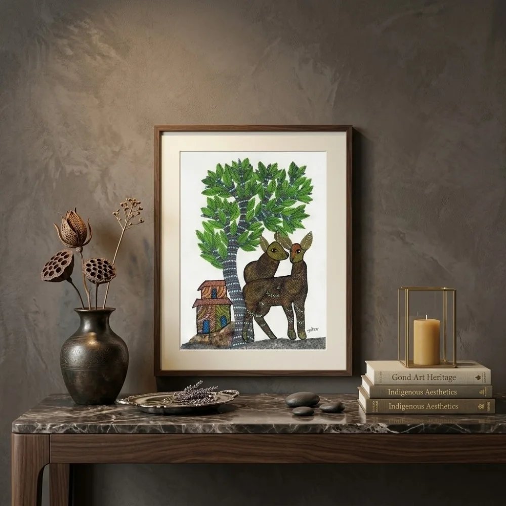 Handpainted Gond Art Tribal Village Life & Deer Pair Painting Thumbnail 2