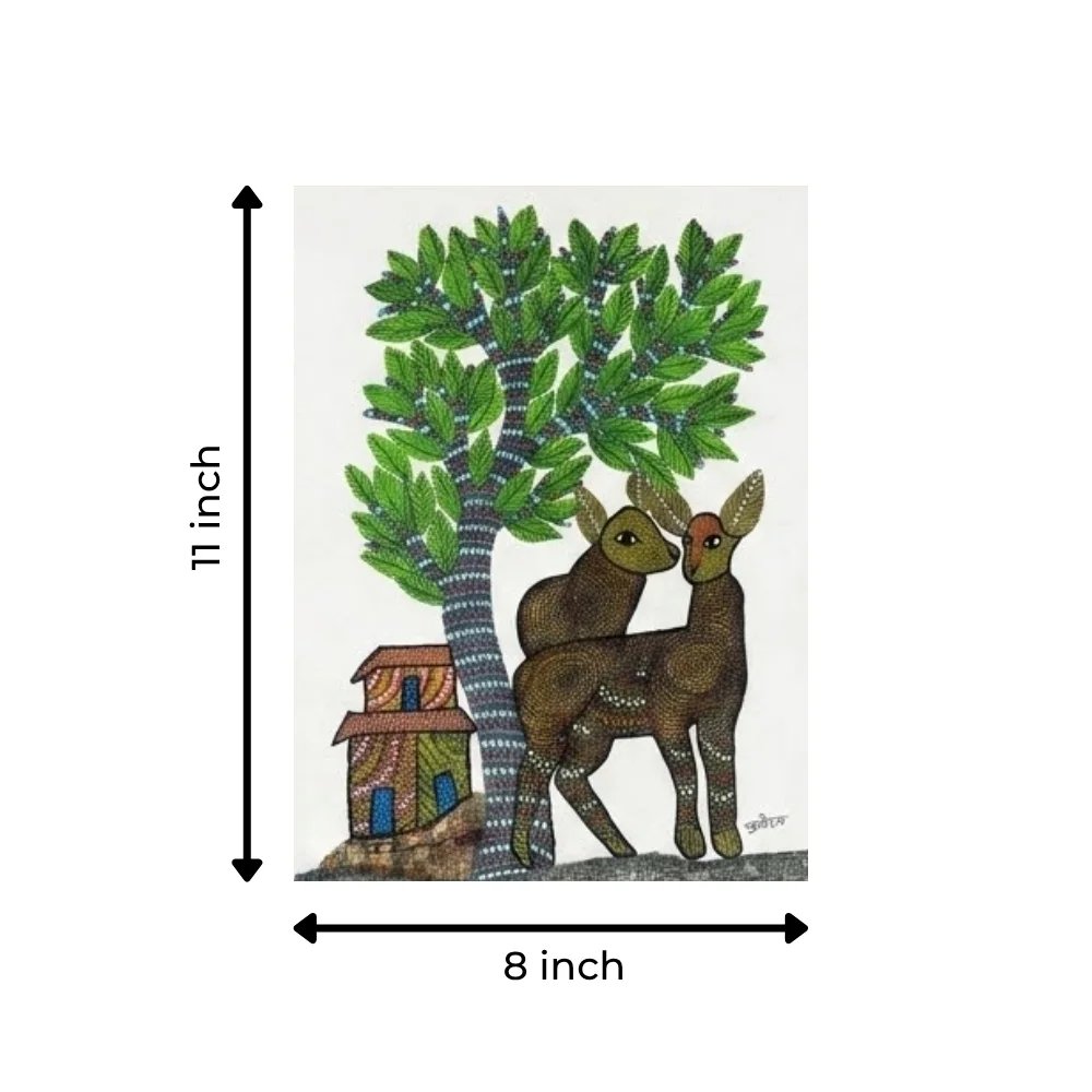 Handpainted Gond Art Tribal Village Life & Deer Pair Painting Thumbnail 3