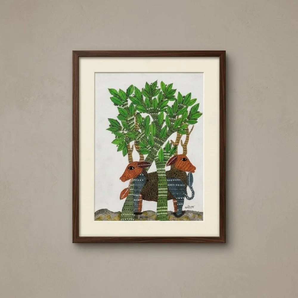 Handpainted Gond Art Twin Antlered Stags Painting Thumbnail 1