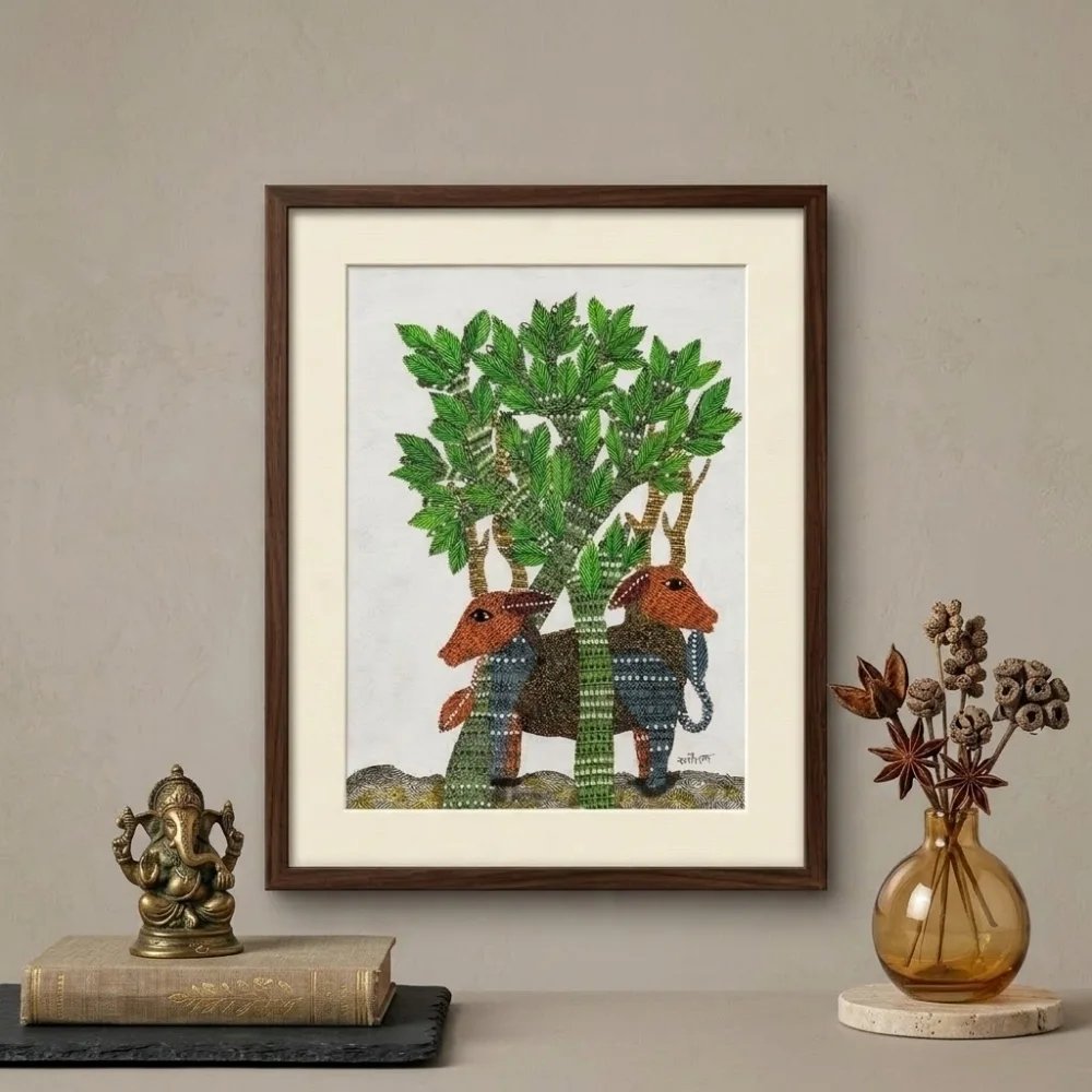 Handpainted Gond Art Twin Antlered Stags Painting Thumbnail 2