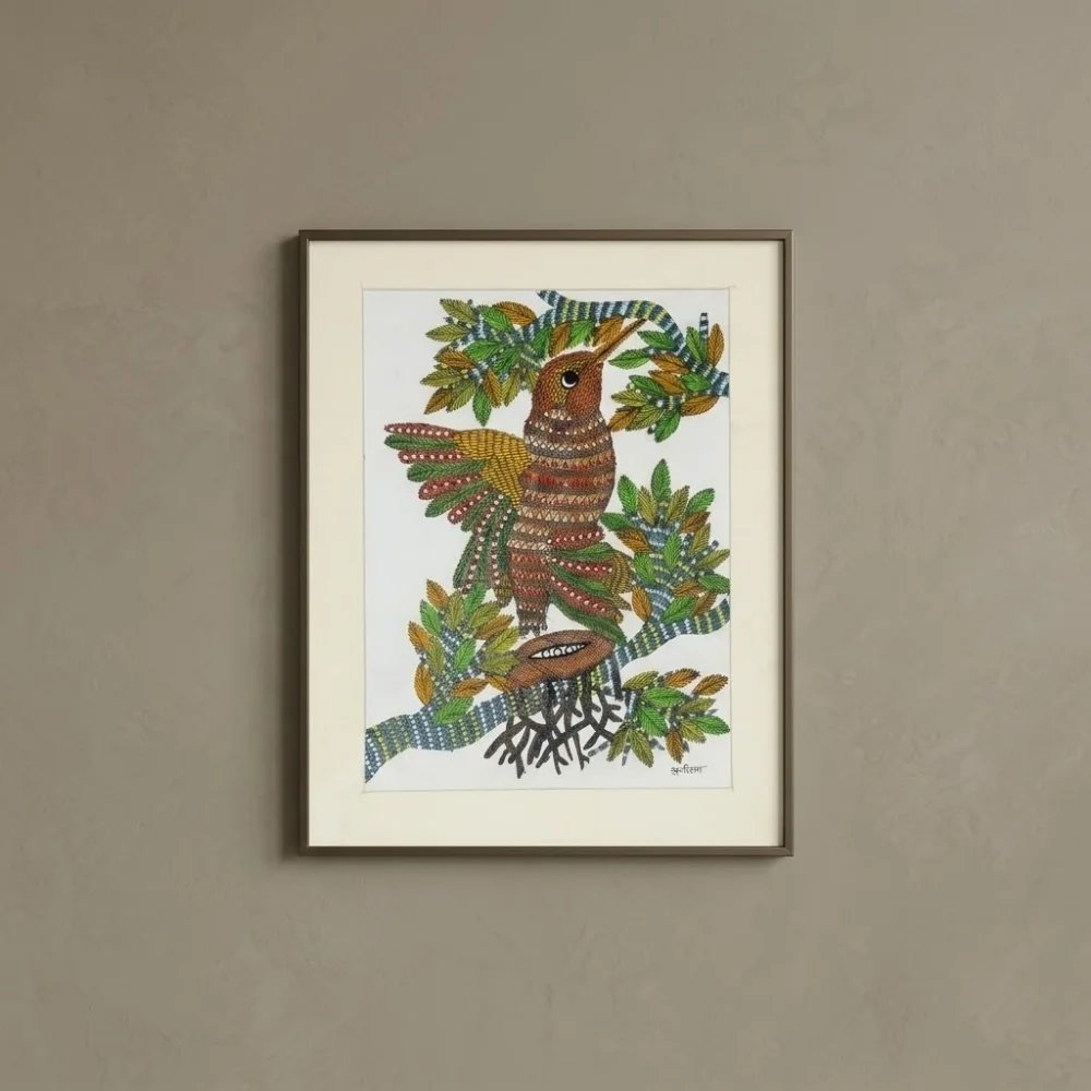 Handpainted Gond Art Nesting Forest Bird Painting Thumbnail 1