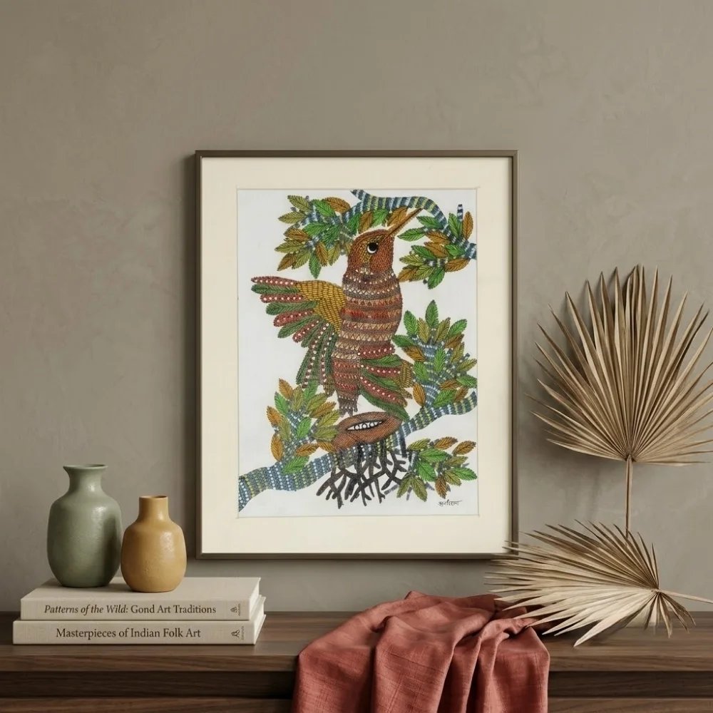 Handpainted Gond Art Nesting Forest Bird Painting Thumbnail 2