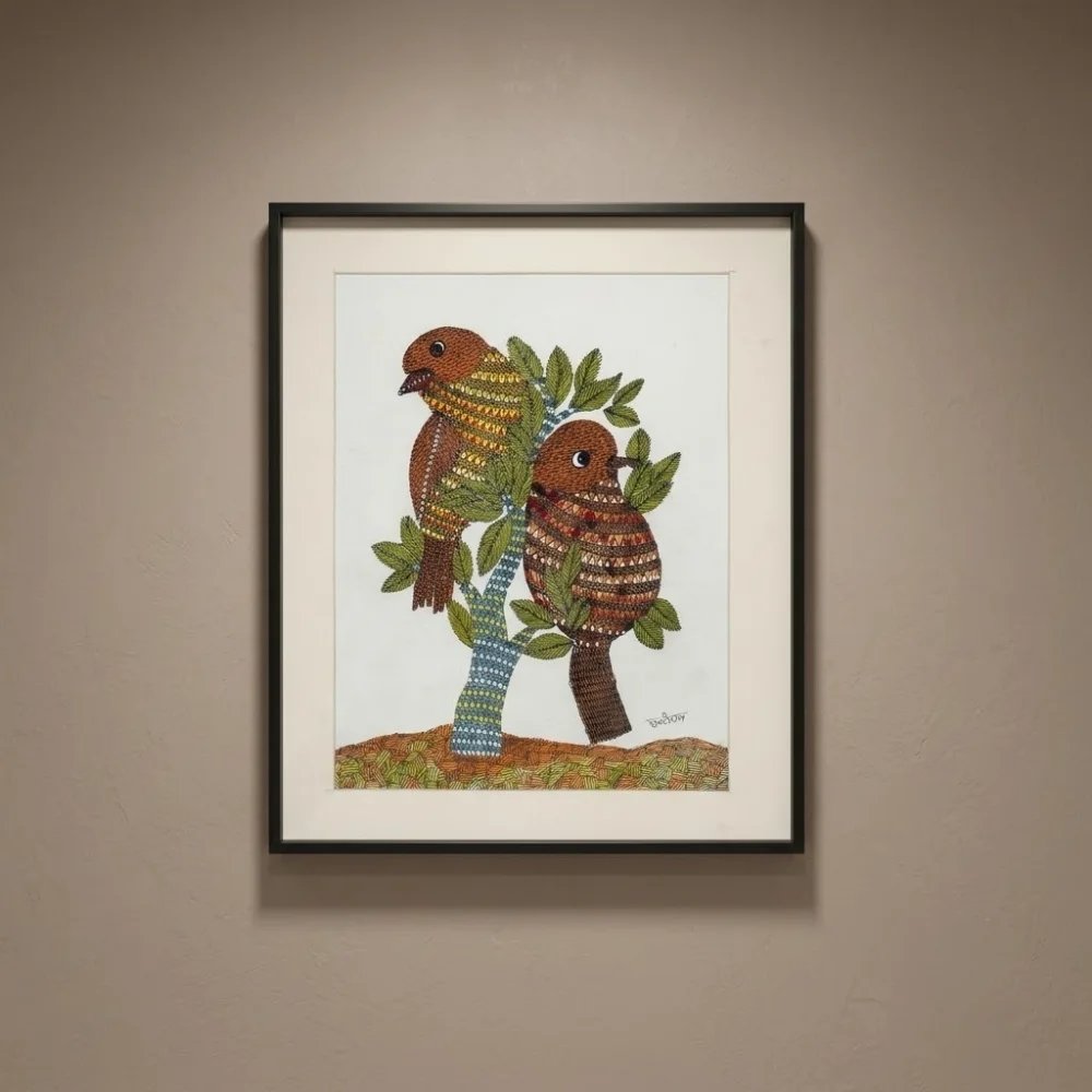 Original Gond Art Painting - The Lovebirds of Madhya Pradesh Thumbnail 1