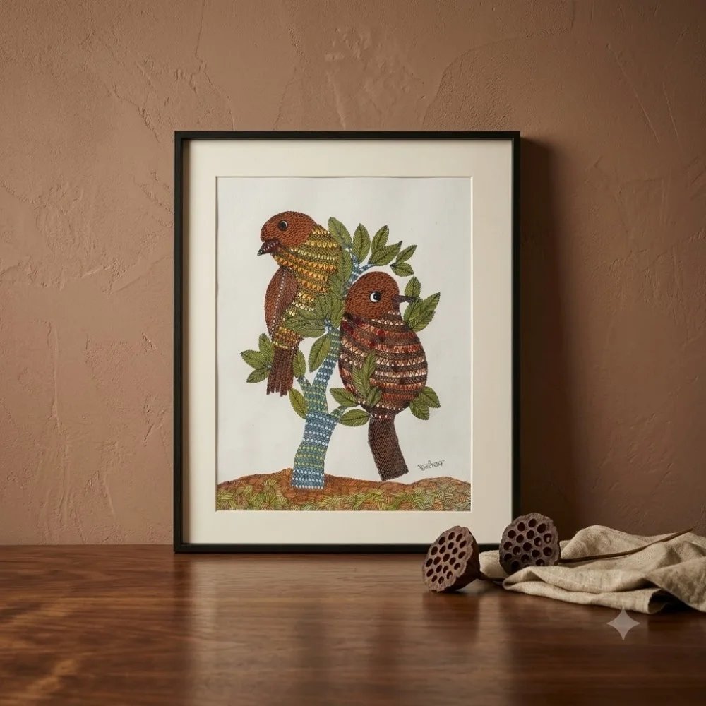 Original Gond Art Painting - The Lovebirds of Madhya Pradesh Thumbnail 2
