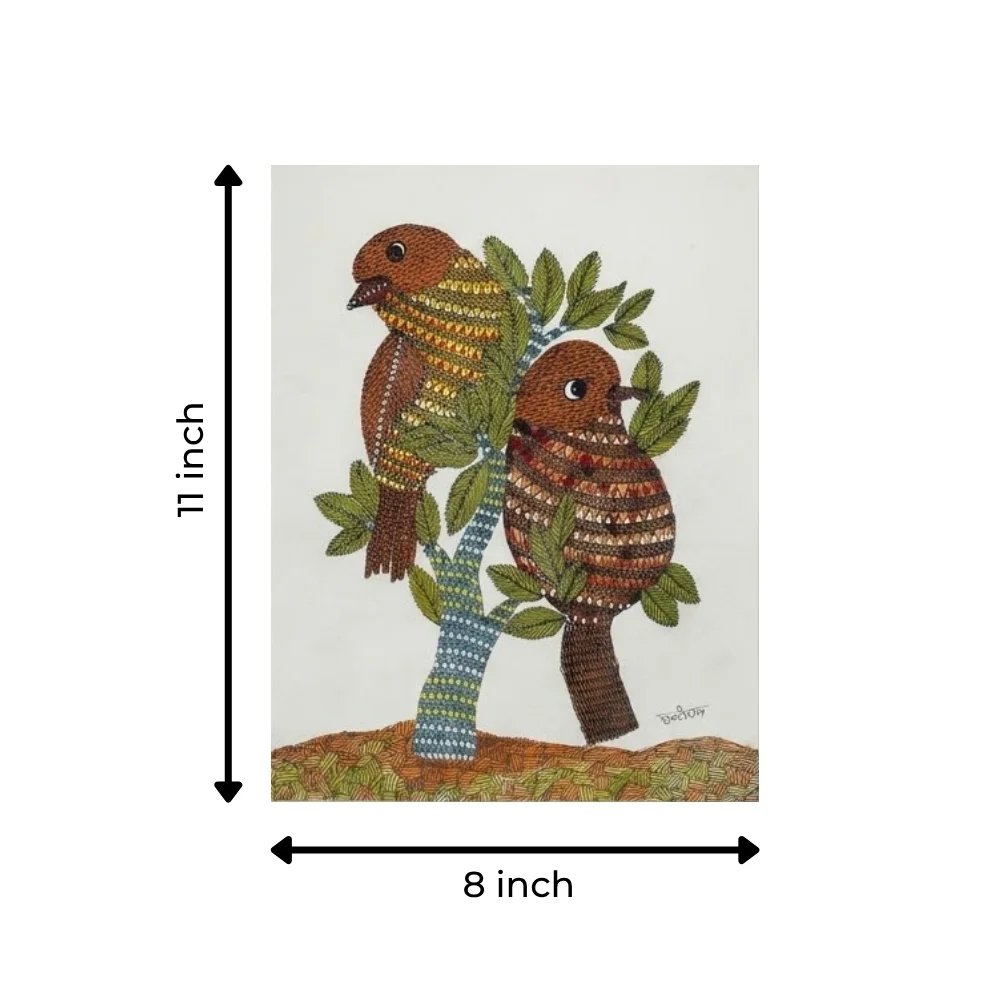 Original Gond Art Painting - The Lovebirds of Madhya Pradesh Thumbnail 3