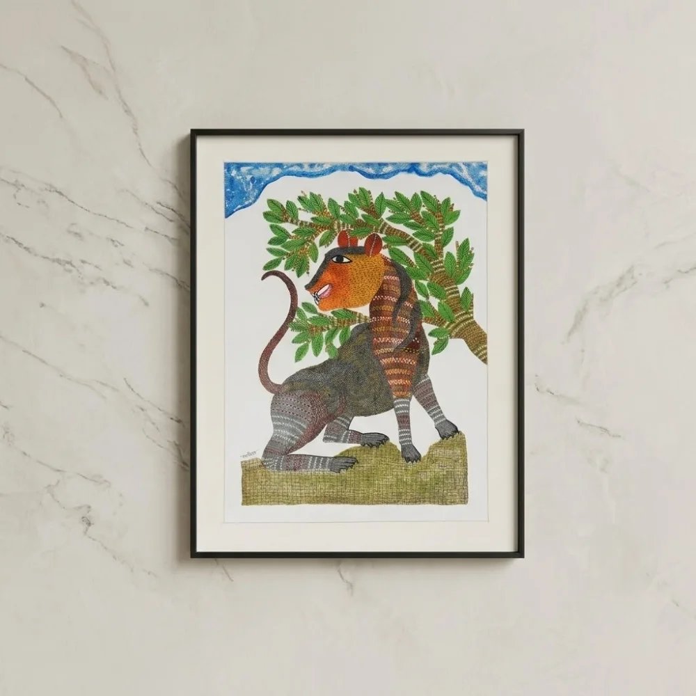 Handpainted Gond Art Painting – The Sacred Forest Tiger Thumbnail 1