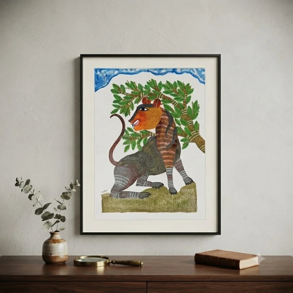 Handpainted Gond Art Painting – The Sacred Forest Tiger Thumbnail 2
