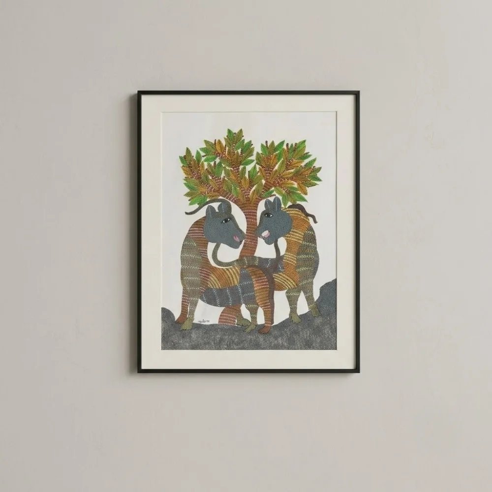 Handpainted Gond Art Painting – Twin Forest Boars under the Tree of Life