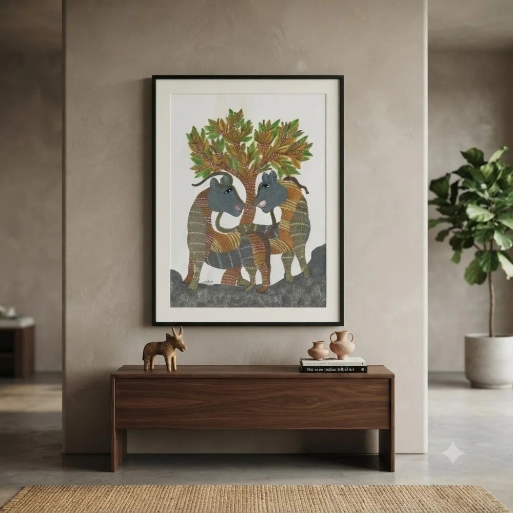 Handpainted Gond Art Painting – Twin Forest Boars under the Tree of Life Thumbnail 2