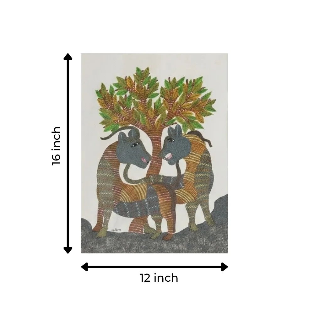 Handpainted Gond Art Painting – Twin Forest Boars under the Tree of Life Thumbnail 3