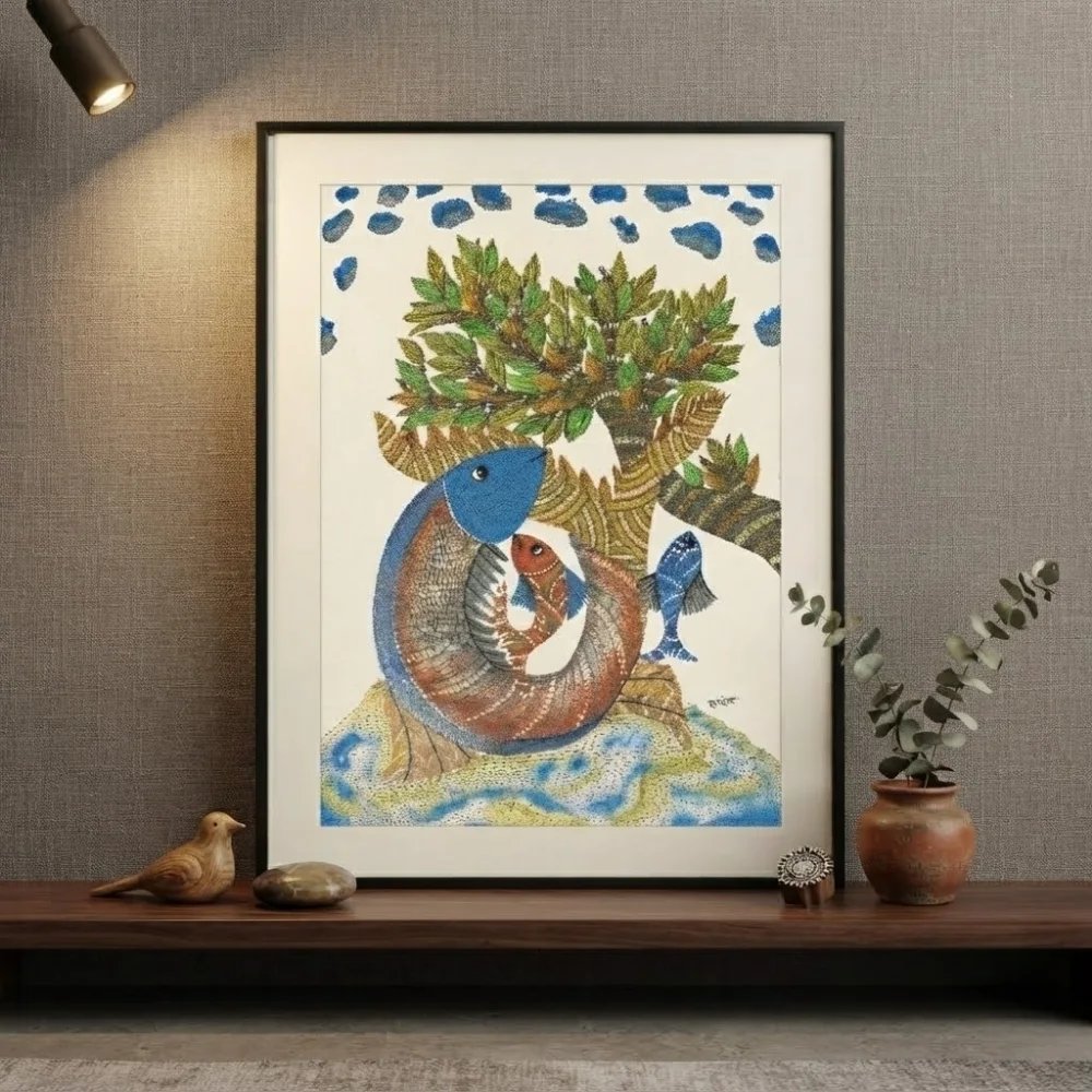 Handpainted Gond Art Painting – The Sacred River Fish & Tree of Life Thumbnail 2